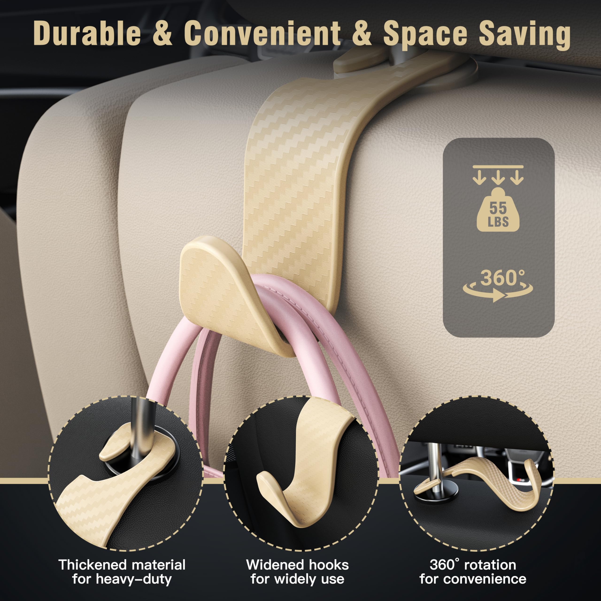 4-Pack Car Headrest Hooks Holds 55lbs Seat Storage Organizer for Bags view 3