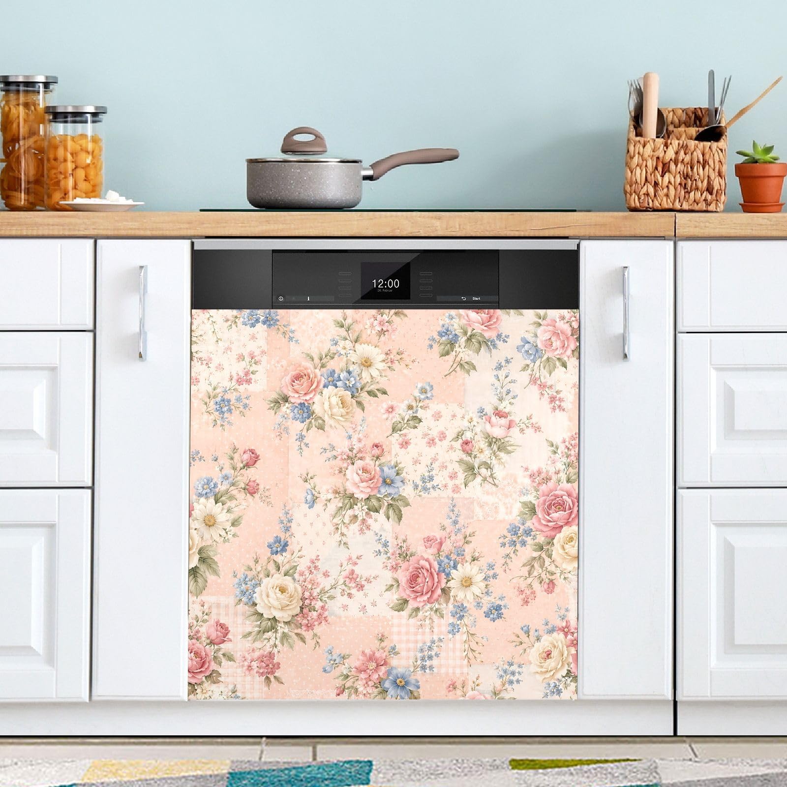 Dishwasher Magnet Cover 58.42 x 66.04 cm Magnetic Dishwasher Door Cover Trimmable Appliance Decorative Panel Decal for Kitchen Cabinet Refrigerator Washer, Flowers