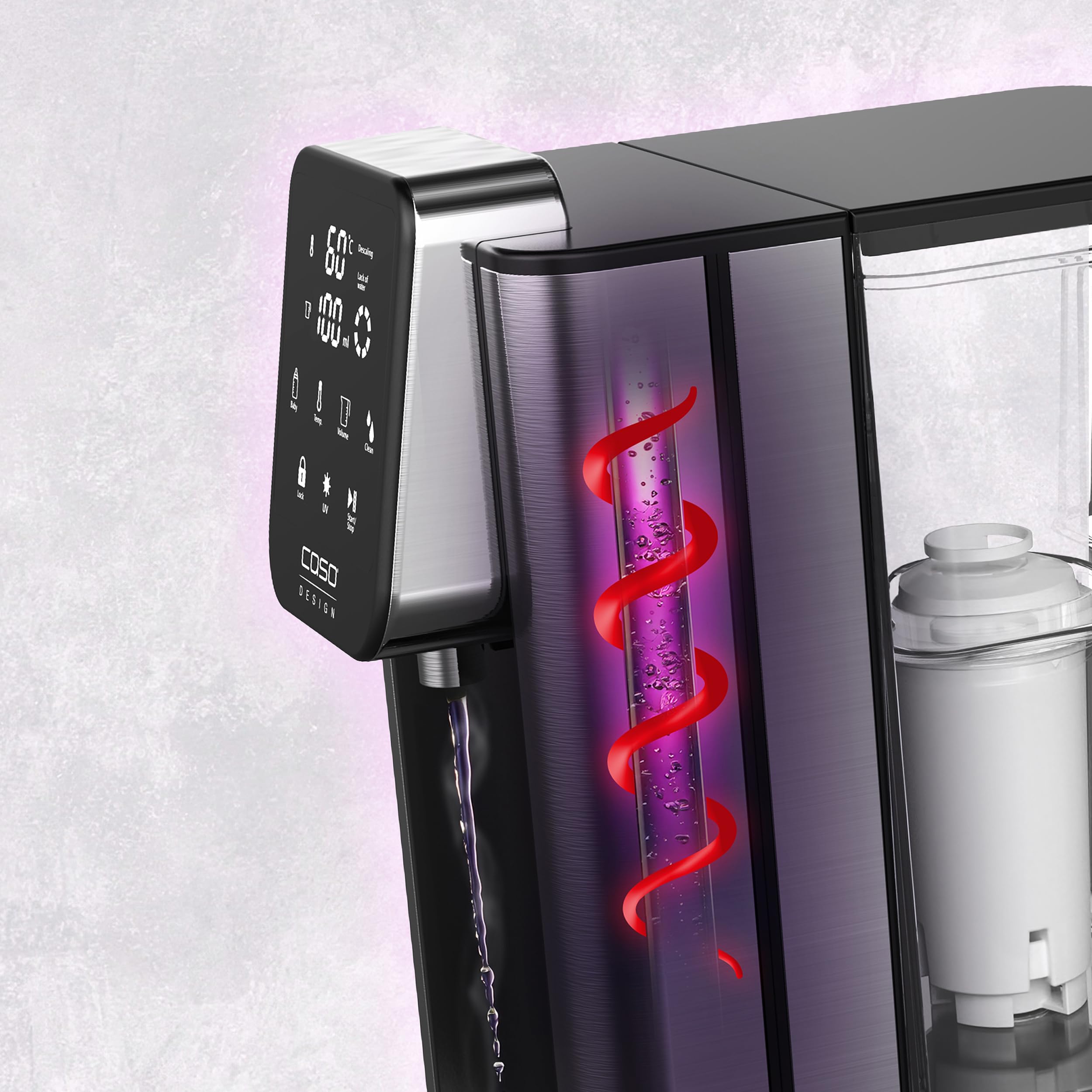 CASO HW 666 Inox UV - Distributore di acqua calda con tecnologia UV, purificazione dell'acqua igienica per alimenti per bambini, 40-100°C, 2600 Watt, 2,7 litri, risparmio energetico, elemento