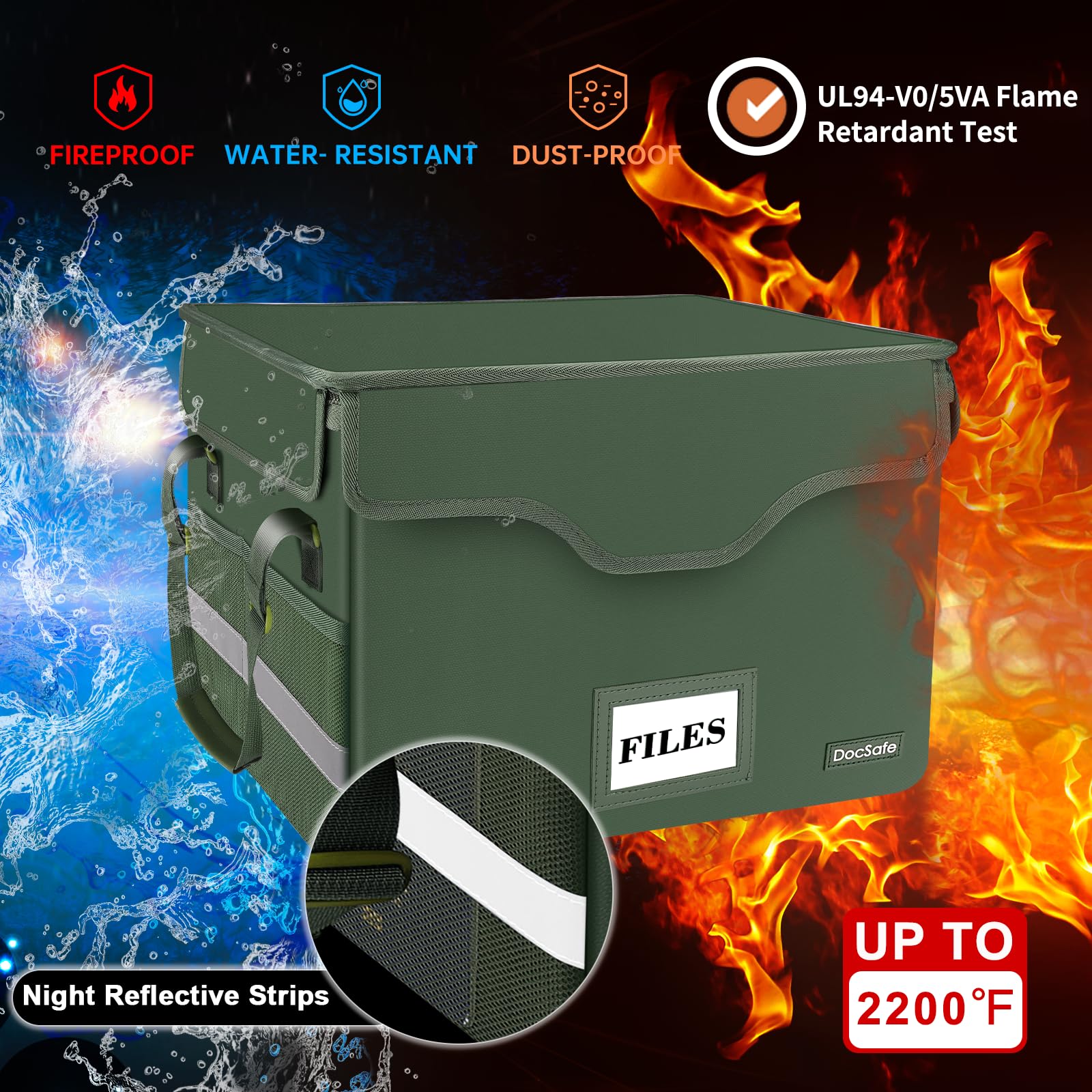DocSafe - Scatola portadocumenti a prova di fuoco con serratura, con 7 tasche a rete, pieghevole, portatile, per casa, ufficio, con maniglia, verde, confezione da 2