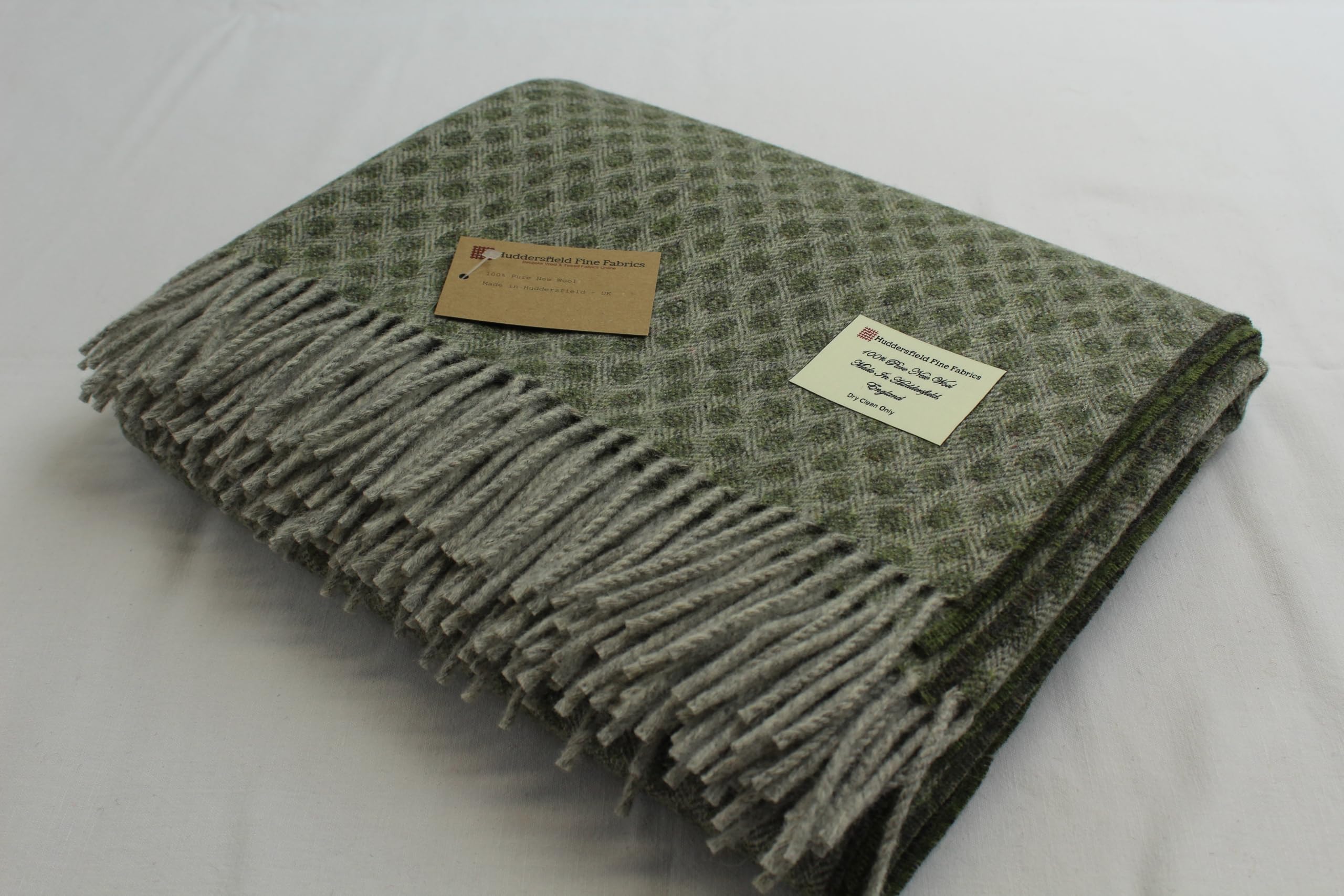 British Throw Blanket Made in England. 100% Pure New Wool English Blanket 59" x 72" Made in Huddersfield, Yorkshire by Huddersfield Fine Fabrics ® (Green/Grey Spot)