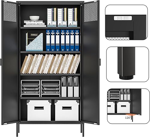 Miniatura 10 de Aparador de almacenamiento de 2 puertas, armario de almacenamiento de metal con 2 estantes ajustables, gabinete de metal multiusos para oficina y