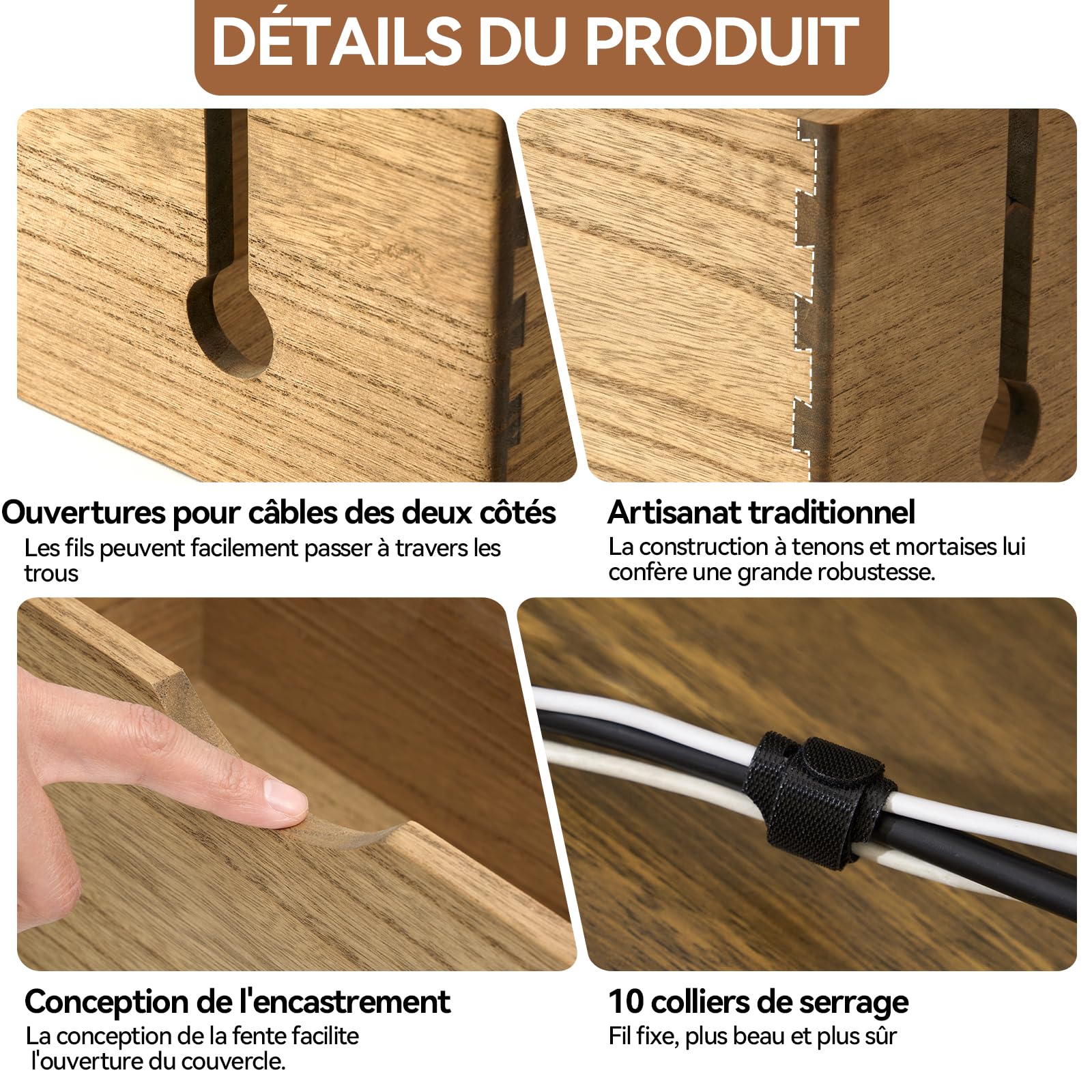 KIRIGEN Boîte à câbles en Bois Massif, Lot de 2 Grande boîte à câbles pour Prises, chargeurs et Rangement de câbles, Router-Organiz Jaune-Brun
