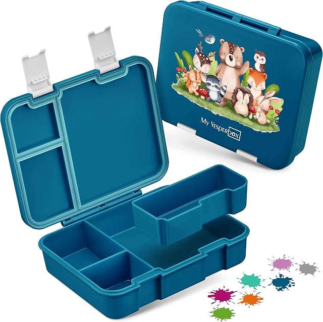 My Vesperbox Jin Bento Box dla dzieci, pudełko na drugie śniadanie, niezwykle wytrzymałe, pojemnik na chleb, idealny do przedszkola i szkoły (Petrol, zwierzęta leśne)