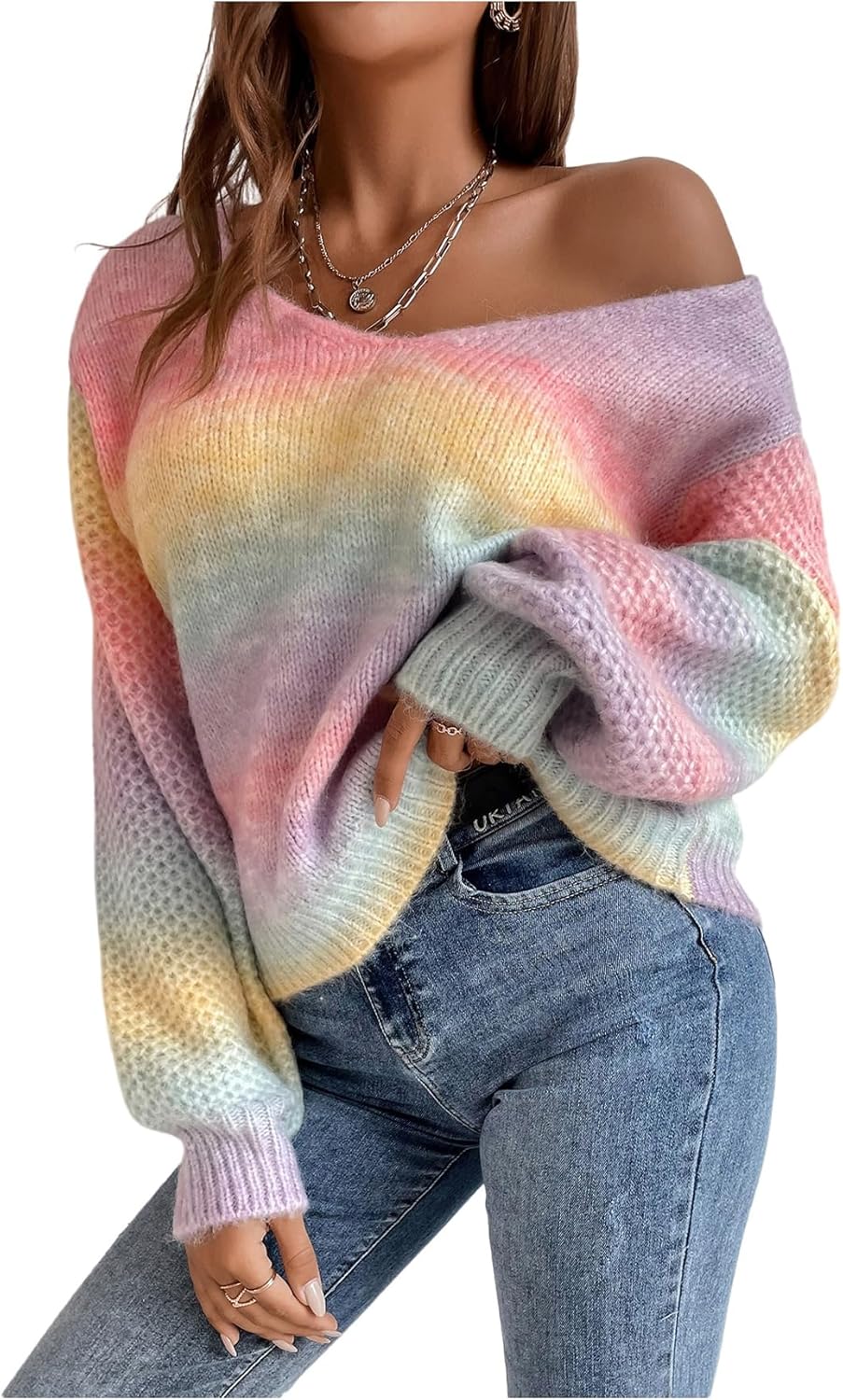 SHENHE Women's Rainbow Colorful Sweater Fall Y2K Long Sleeve Striped Knit Pullover Sweater Tops