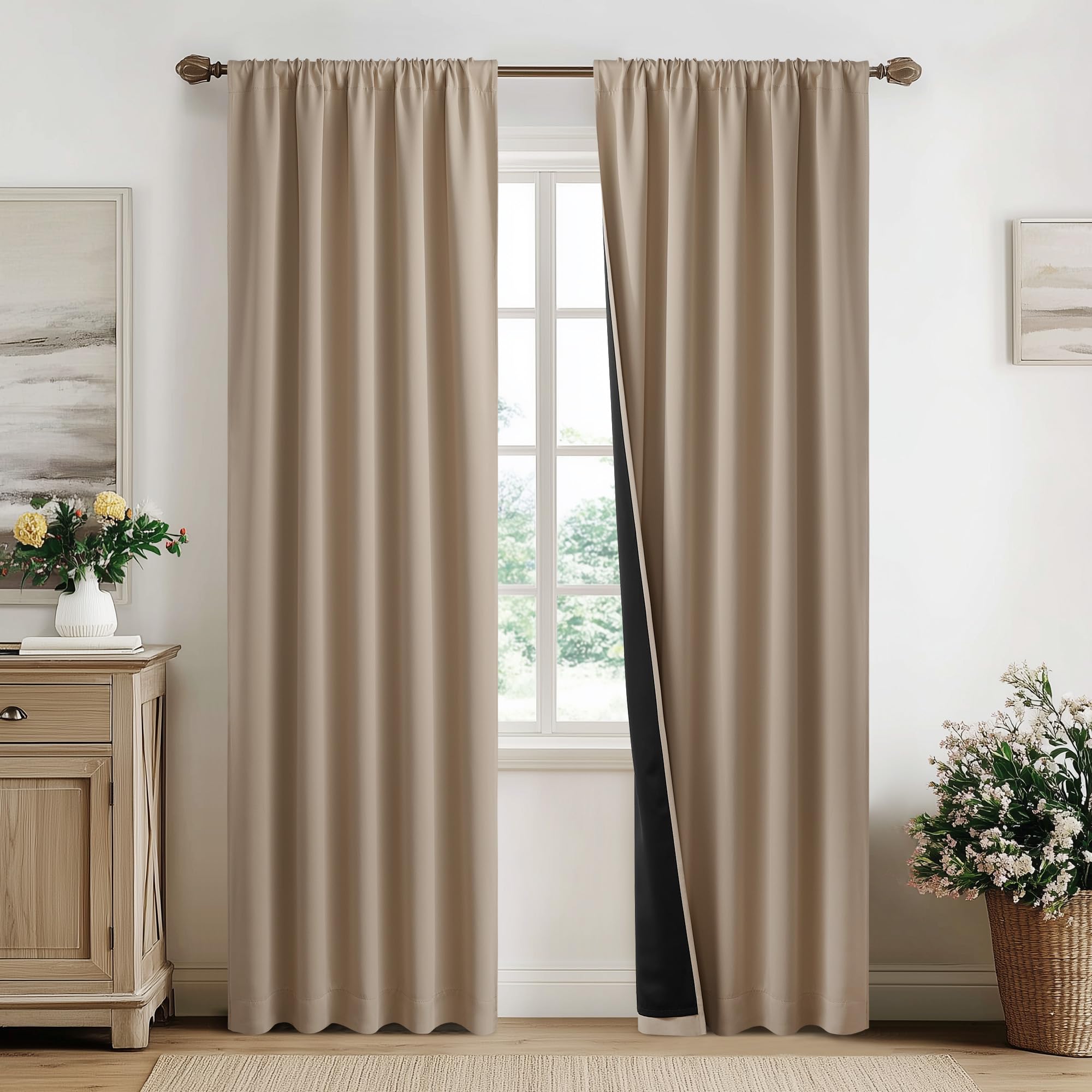 NICETOWN 100% Blackout Curtains for Living Room, Taupe W52 x L84 Set of 2 Light Blocking & Soundproof Drapes,Rod Pocket Black Lined Window Treatment Panels for Patio Sliding Glass Door