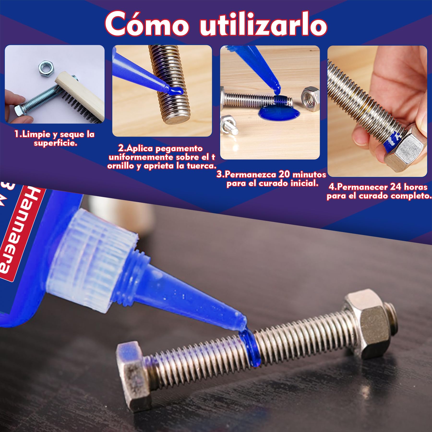 Cerradura de perno de resistencia media de 50 ml, capaz de bloquear y sellar tuercas, tornillos, sujetadores y metales, fijación de tornillos para evitar pérdidas y fugas Fijación de tornillos