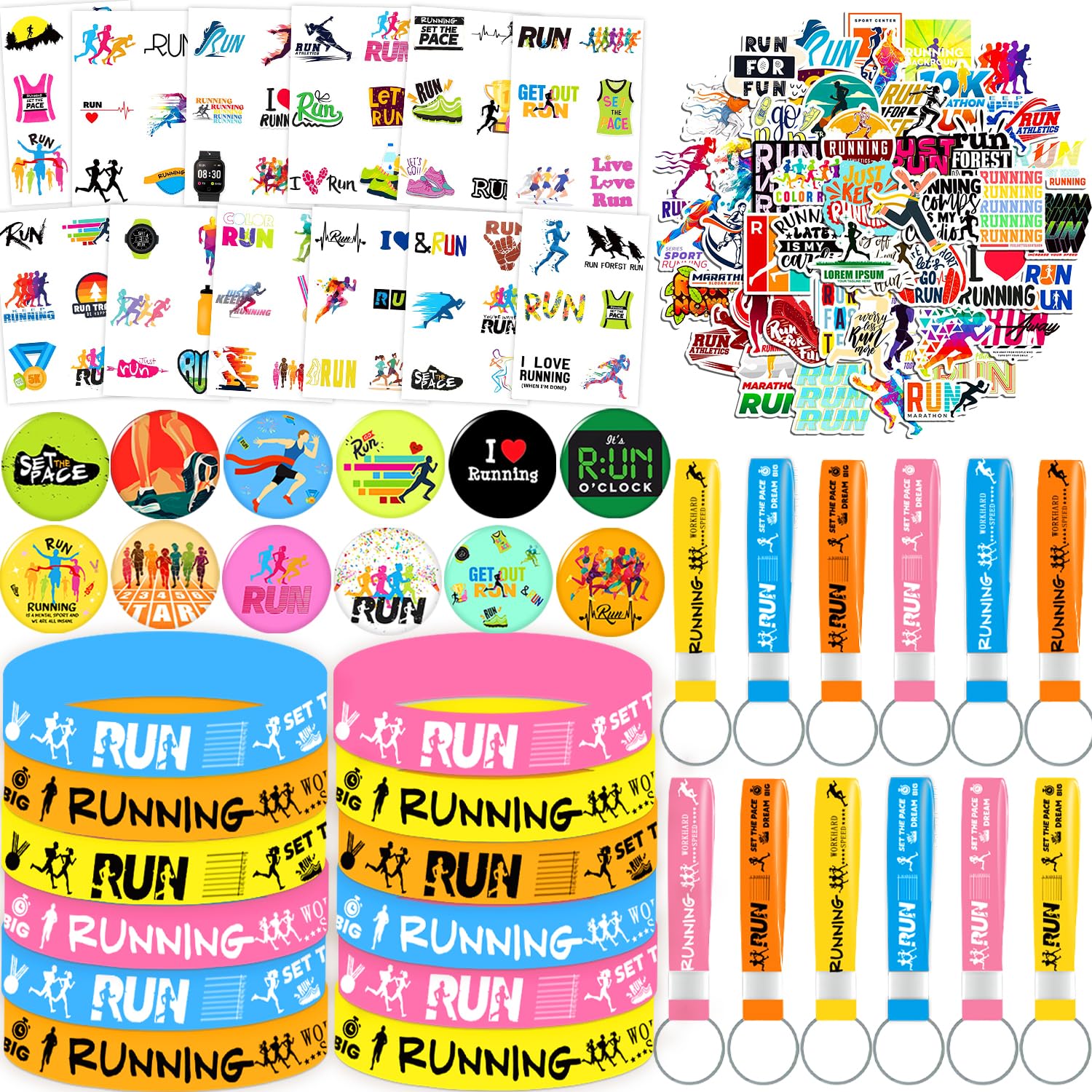 98PCS Running Party Favors, Running Silicone Wristband Running Sports Stickers Keychains Tattoos Button Pins Marathon Sport Theme Birthday Supplies
