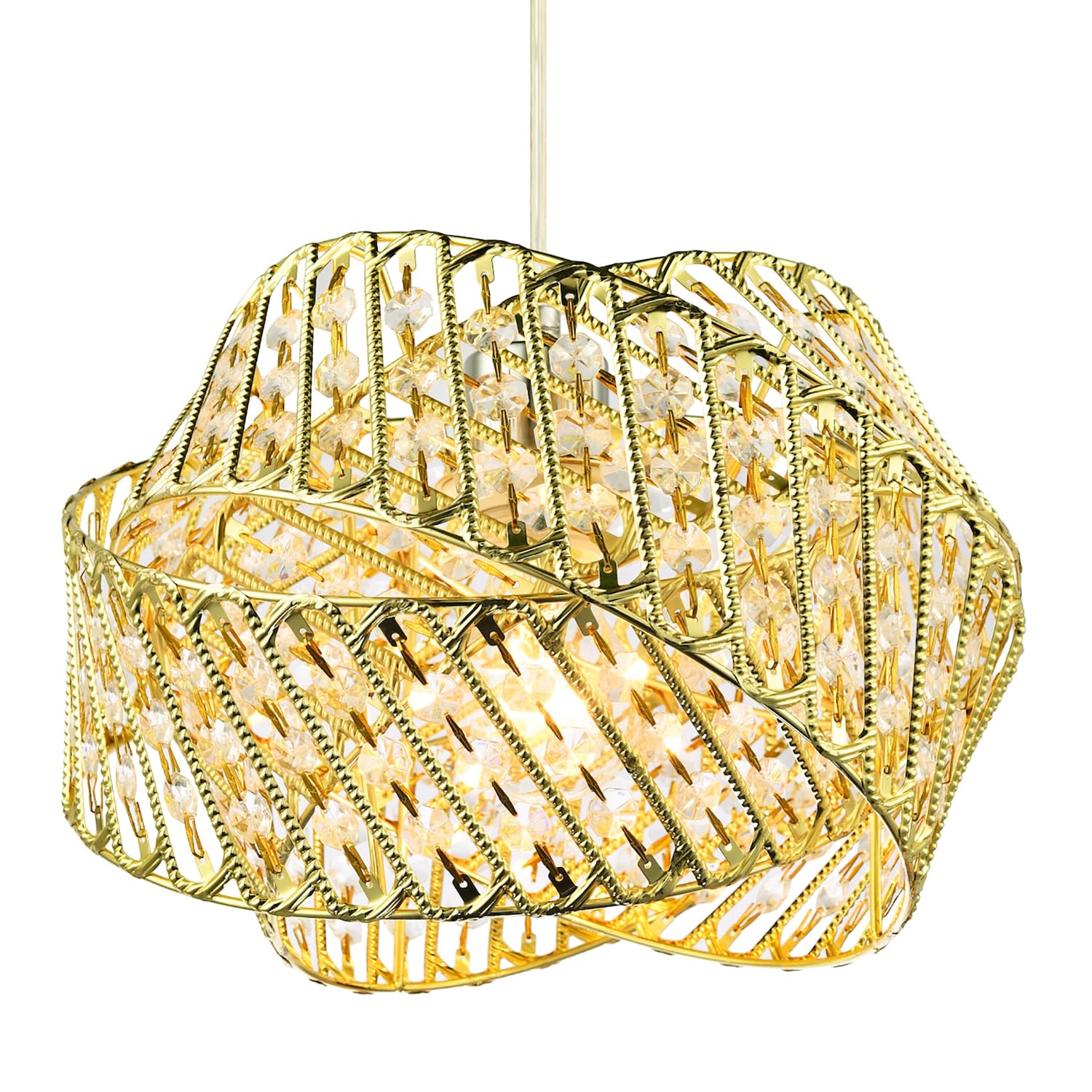 Happy Homewares Gold/Light Designer Triple Ring Pendant Shade With Small Clear Acrylic Beads
