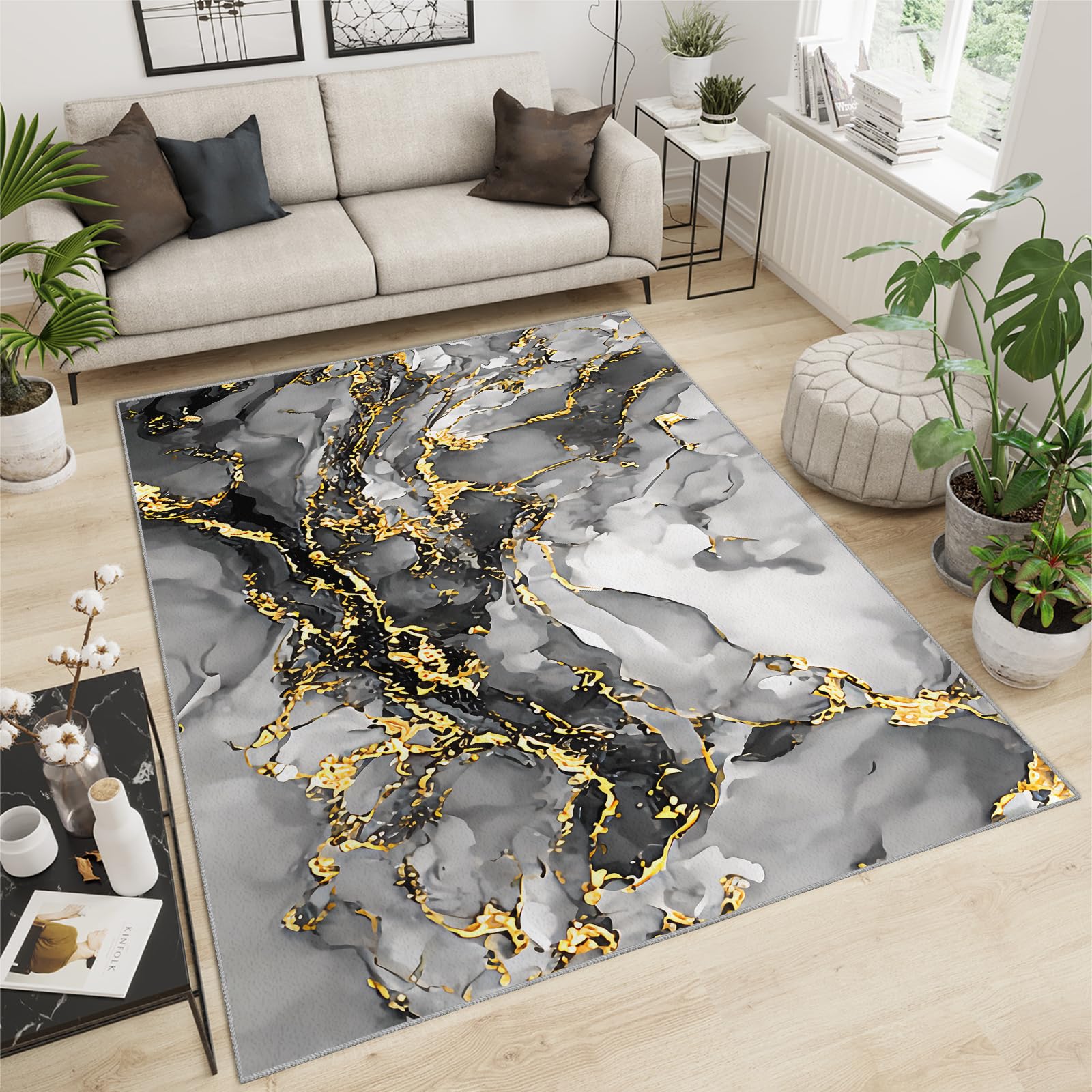 FACADUP Luxury Area Rug 90x120cm Gradient Art Gray Gold Rug, Luxury Marble Gold Foil Texture Rug, Non-slip Entryway Doormat Contemporary Throw Floor Mat for Room Coffee Chair Rug