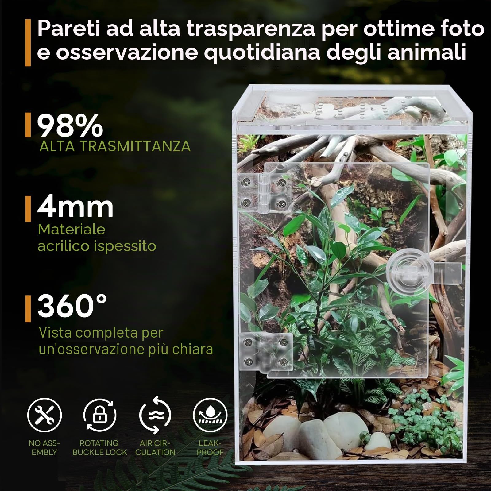 Terrario, 360° Terrarium Acrilico - Teca per Rettili Trasparente | 20x20x30CM,Terrario Rettili per ragni, lumache, mantidi, lucertole, raganelle, paguri, coleotteri