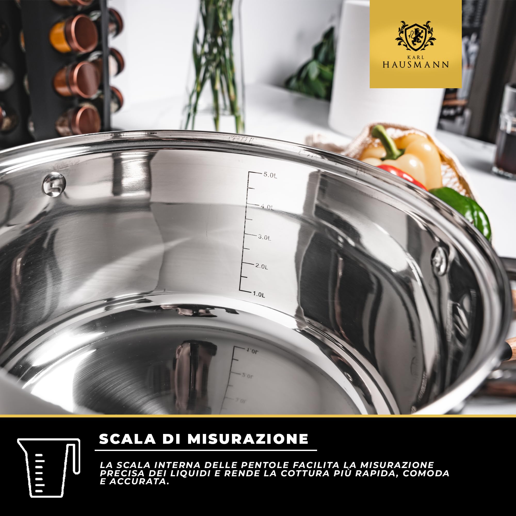 KARL HAUSMANN Pentola Acciaio Inox - 1.3L - 14 cm - Casseruola Induzione con Coperchio Vetro - Pentola Inox 18/0 - Scala Misura - Per Tutti i Fuochi - Pentole Acciaio Inossidabile