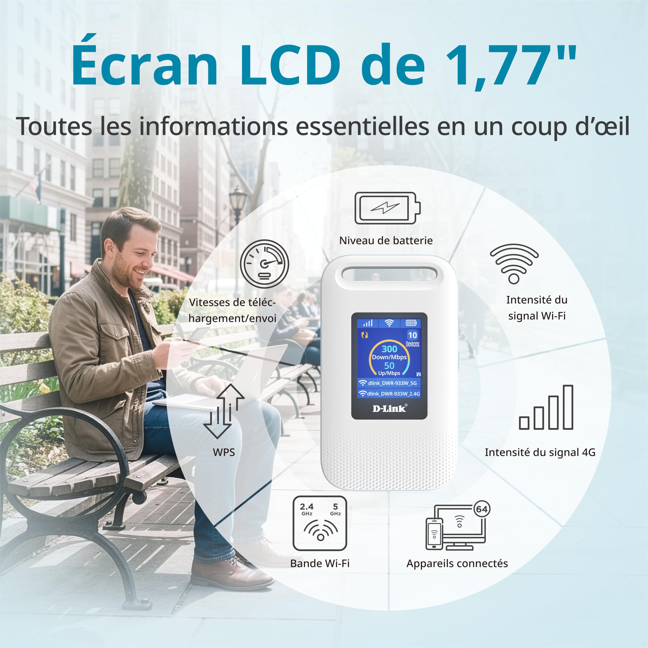 D-Link DWR-933W Hotspot Mobile 4G LTE+ AX600 Wi-FI 6, Routeur SIM Portable | Écran LCD, Wi-Fi Double Bande, Jusqu’à 64 Appareils, Batterie 3000 mAh, USB-C