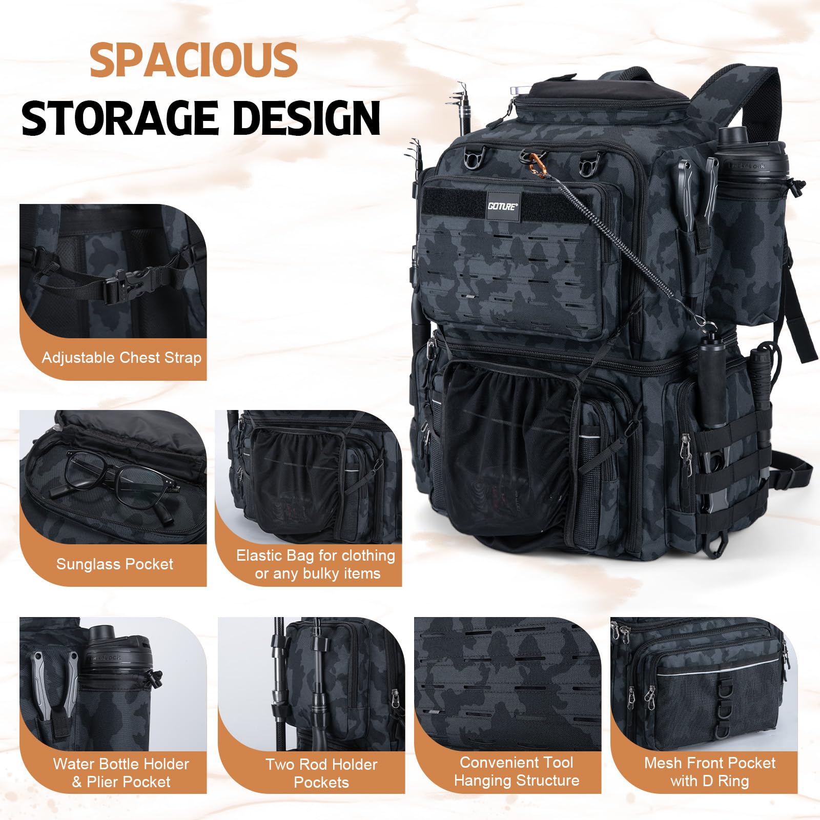 Goture Angelrucksack mit 4 Angelboxen, 78L 600D wasserabweisender Angelrucksack mit Kühler, Rutenhalter, 8 Ködertaschen, Regenschutz, große Angeltasche, Aufbewahrung, Ausrüstungstasche für Camping
