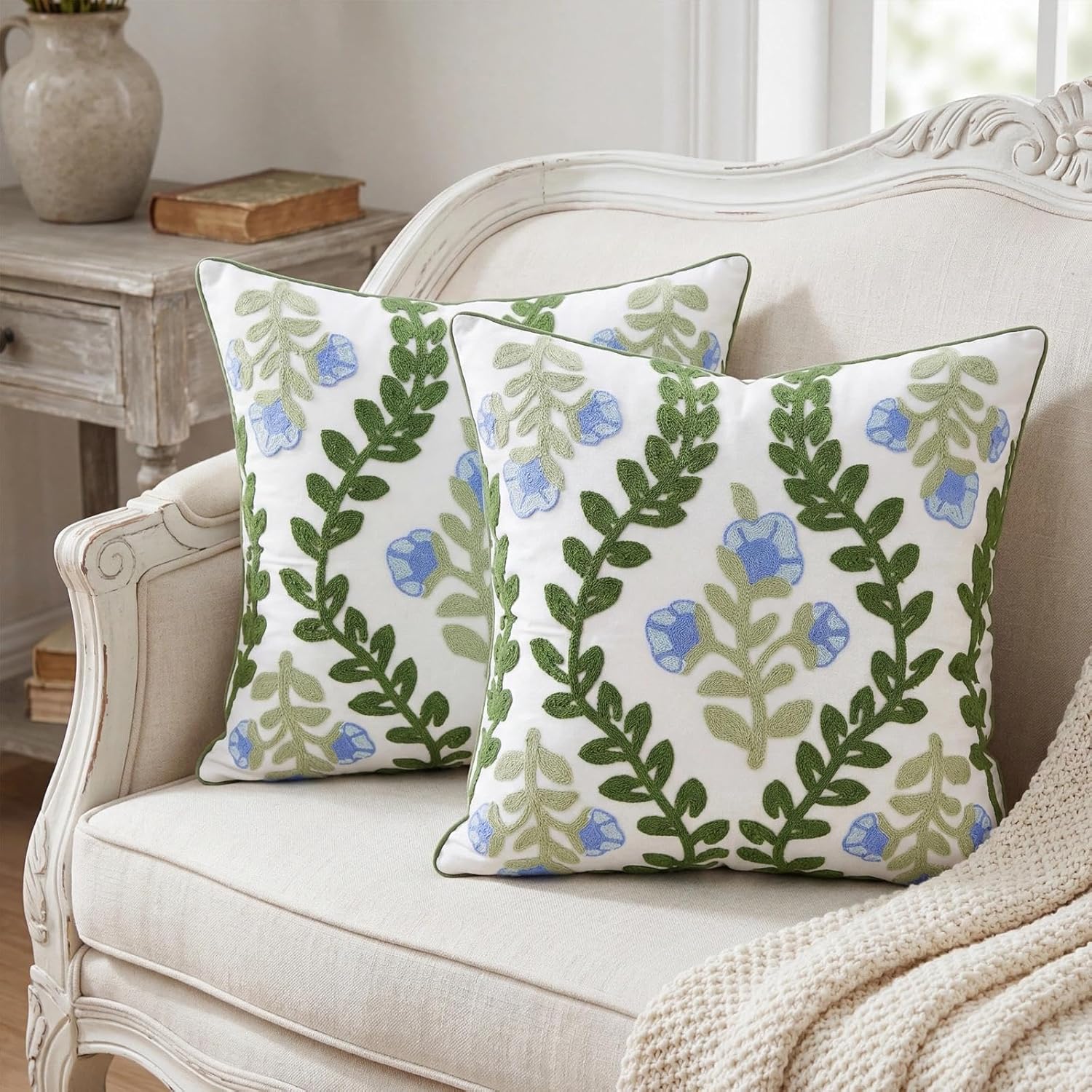 yuboo Spring Floral Embroidered Throw Pillow Covers 18x18 Set of 2, Sage Green and Blue Botanical Tufted Decorative Cushion Cases, Boho FarmhouseDecor for Couch Living Room Sofa Bed