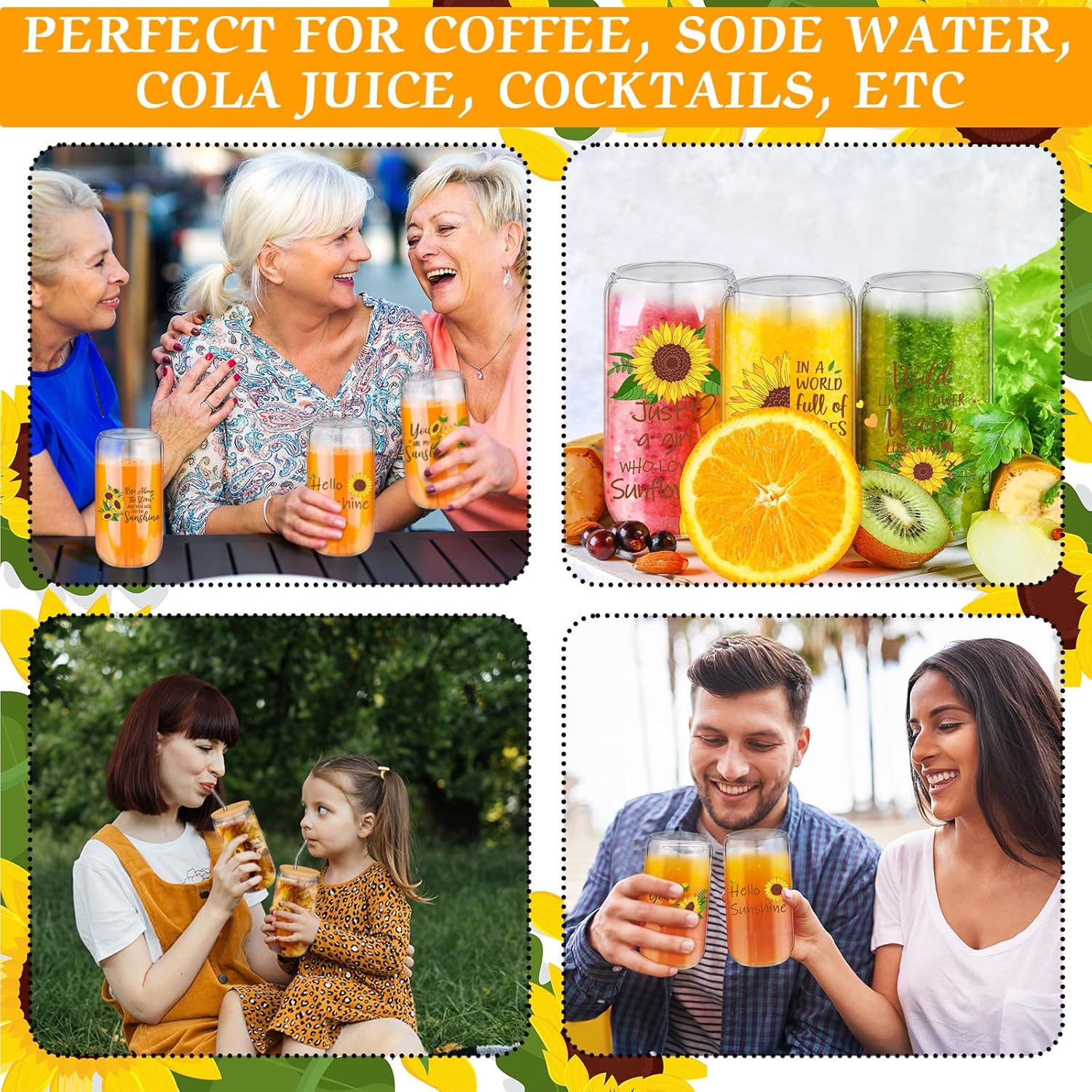 Maxcheck 6 Set 16 oz Sunflower Gifts for Women Inspirational Glass Cups with Lids and Straws Birthday Holiday Gift Tumbler Iced Coffee Drinking Cups with Warm Saying for Mom, Teacher, Friend