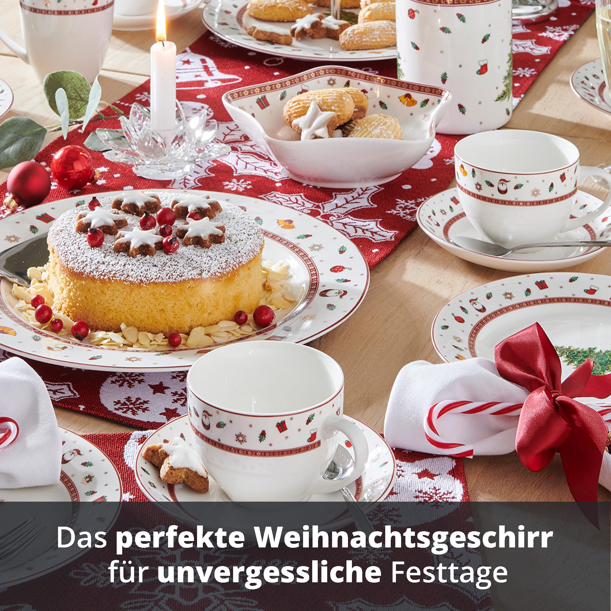 Peill+Putzler Germany Weihnachtsgeschirr,Kaffeeservice mit Weihnachtsmuster, 18-teiliges Geschirrset für Weihnachten, Bon China Porzellan in weiß für 6 Personen, mit Goldrand daher nur Handwäsche