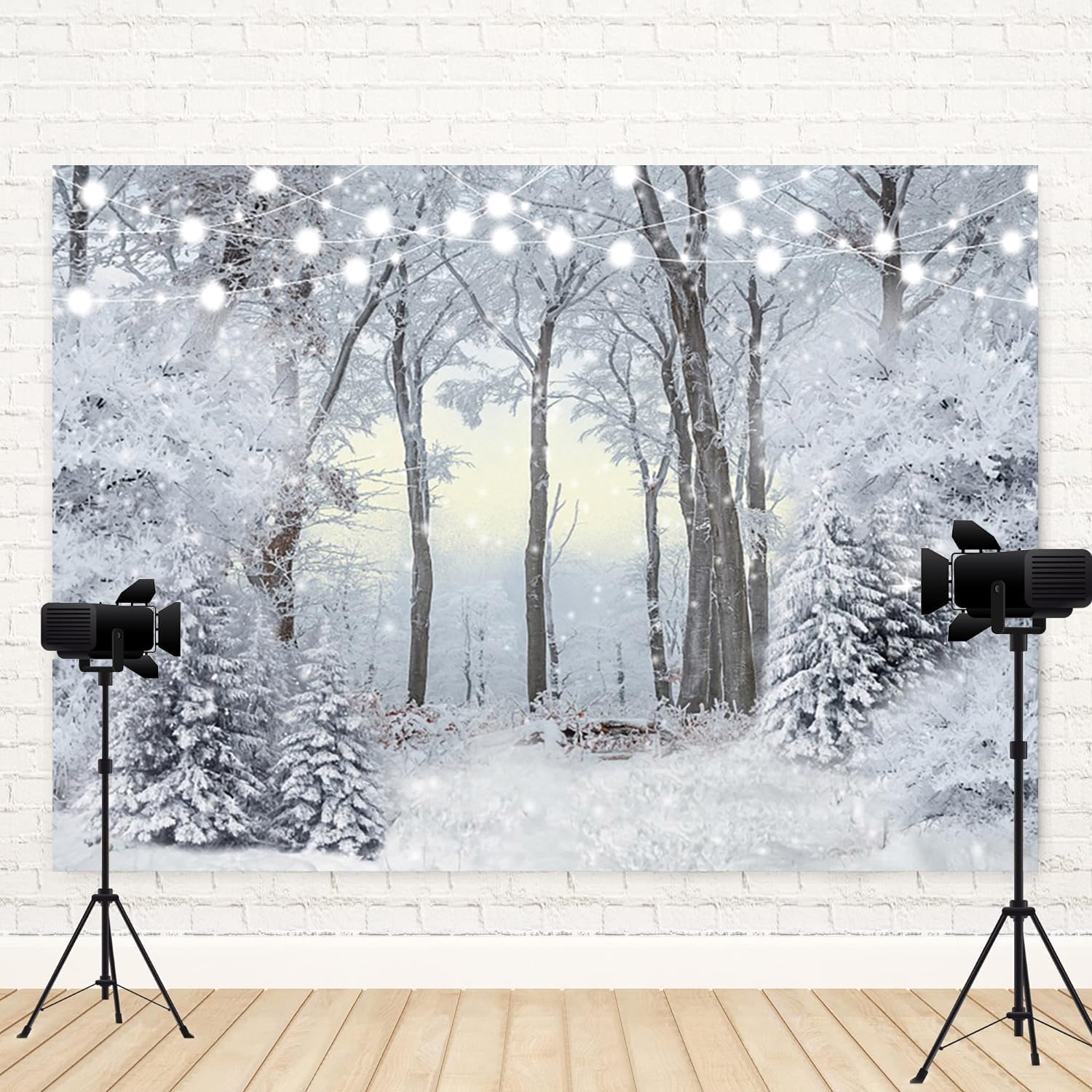 Toile de fond de Noël paysage enneigé pour photographie, fond blanc, sapin enneigé, flocon de neige, bannière à paillettes, décoration de Noël, Nouvel An, vacances, fête, accessoire de