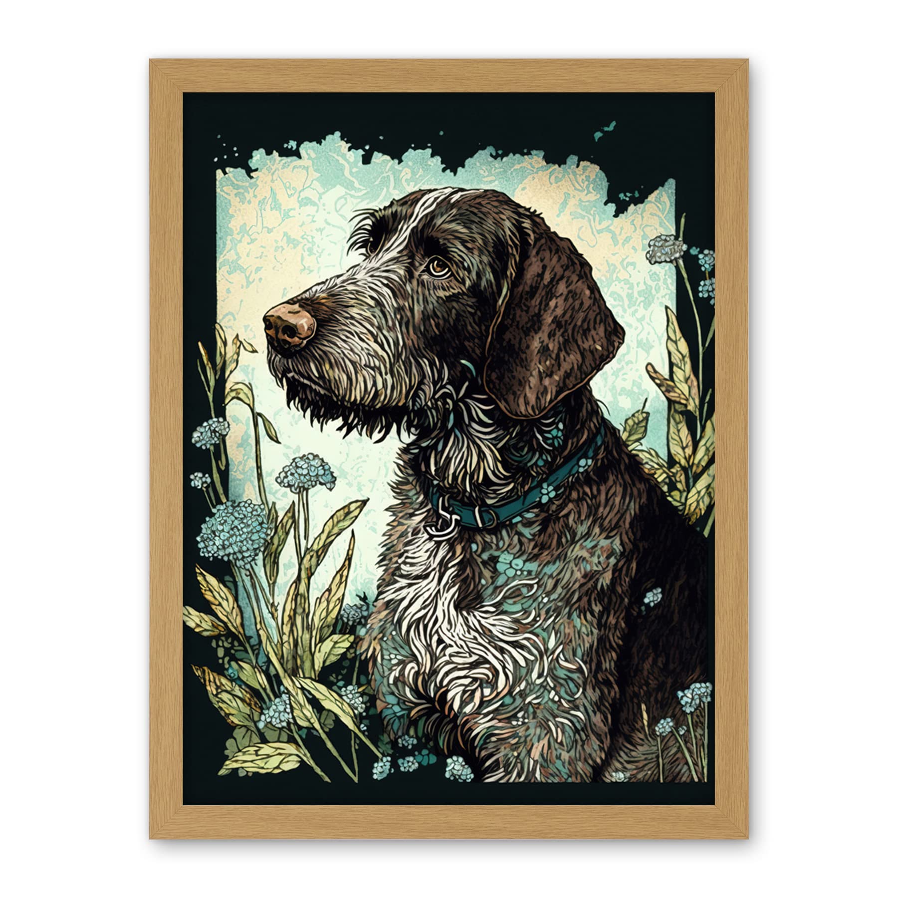 Artery8 German Wirehead Pointer Dog and Blue Wildflowers Modern Portrait Illustration Artwork Framed Wall Art Print 18X24 Inch