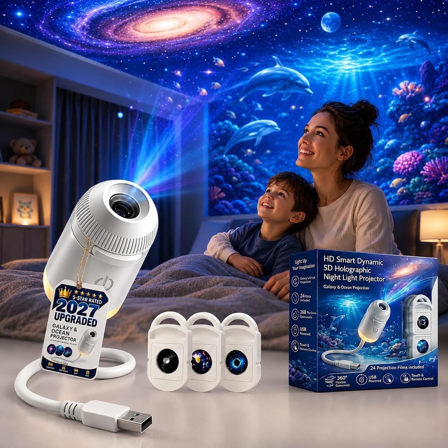 2-in-1 Star Projector Night Light Adjustable LED 3 HD Projection Film