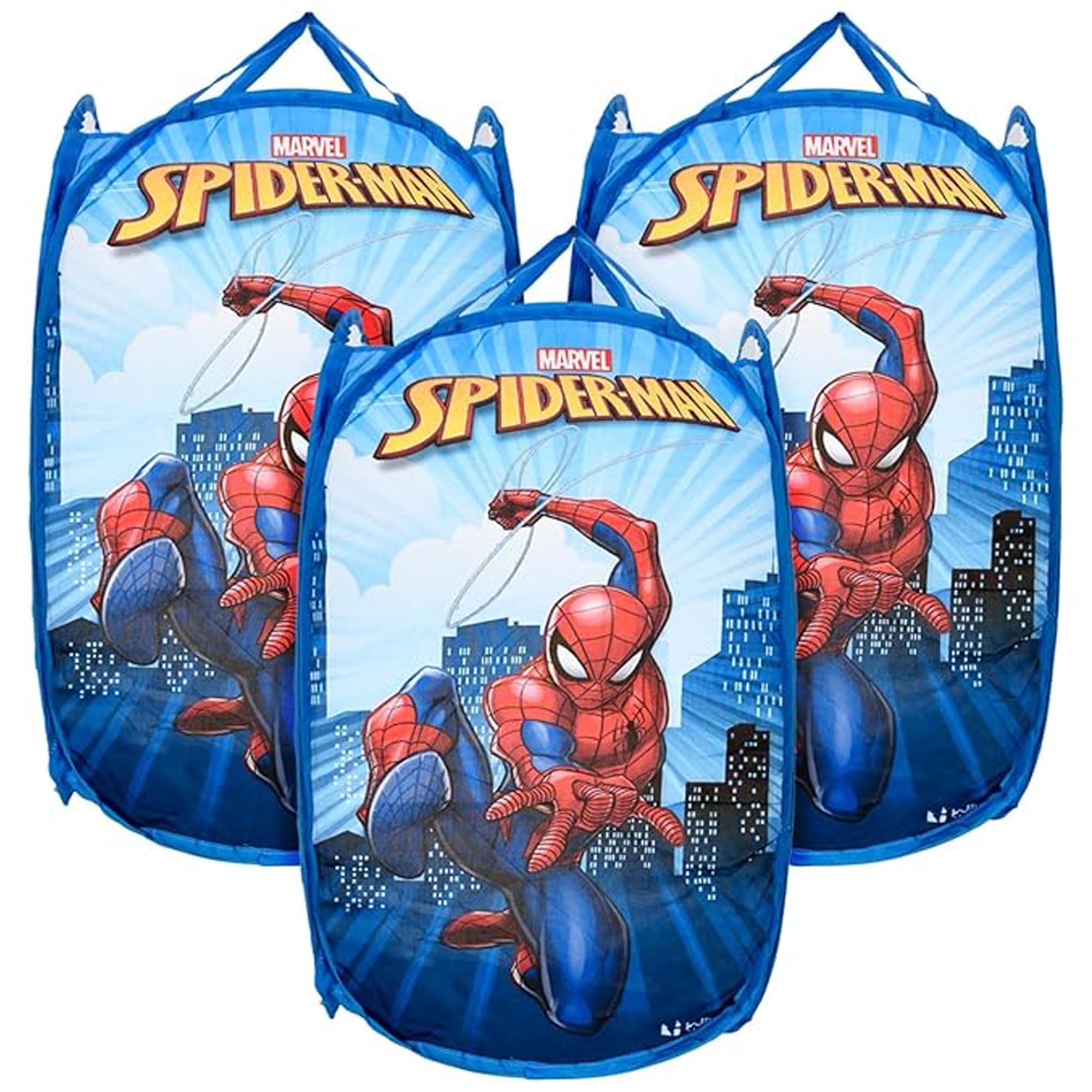 Kuber Industries (Pack of 3) Mesh Laundry Basket | Marvel Spiderman | 30 Ltr-Foldable Toy Storage Basket | Nylon Waste Clothes Laundry with Handle | Sky Blue