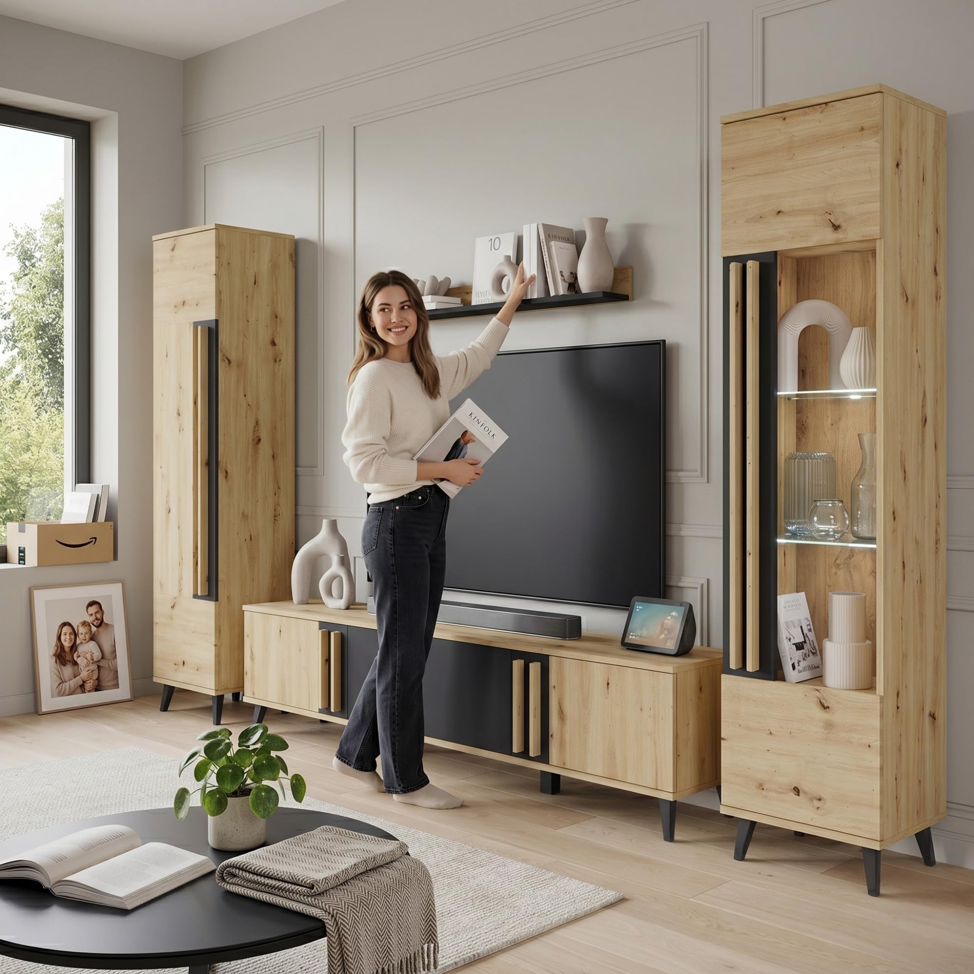 Conjunto Muebles de Salon Modernos Helsinki II - Juego de Mueble TV Salon, Dos Armarios Colgantes y un Estante Colgante - Comedor Completo sin LED