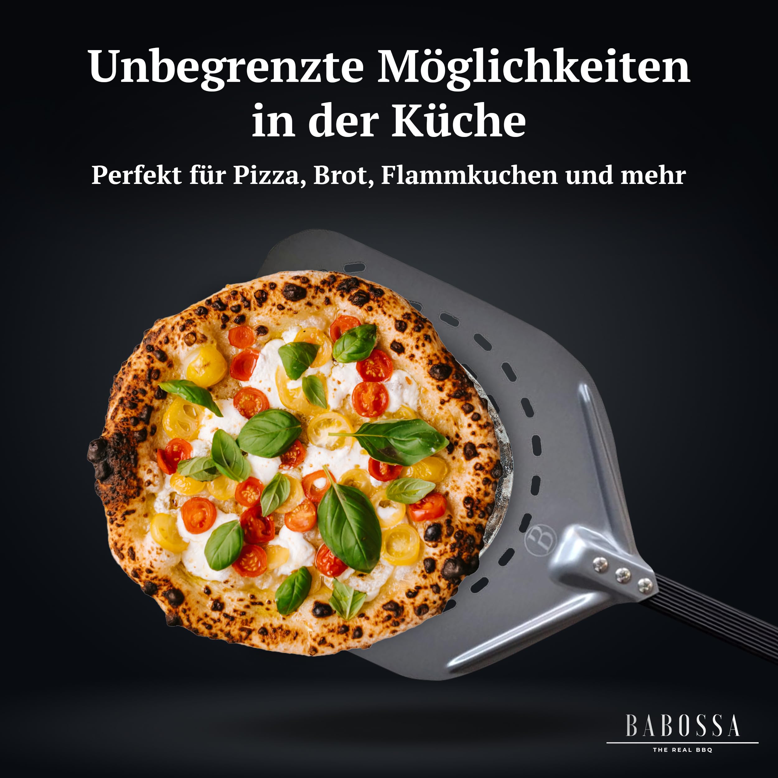BABOSSA Pizzaschieber aus eloxiertem Aluminium – extra gleitfähig und hitzebeständig – stabile Pizzaschaufel mit gummiertem festen Griff – Perfekt für Backofen, Pizzaofen und Grill