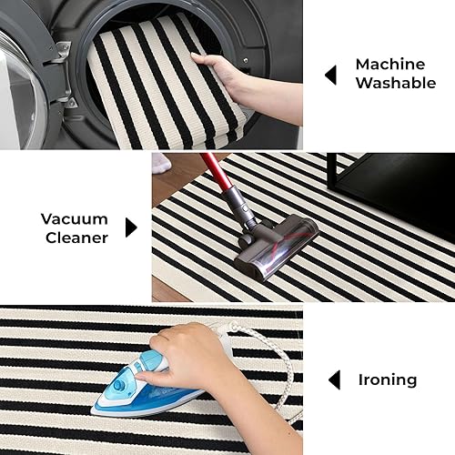 Miniatura 6 de KOZYFLY Alfombra a rayas negras y beige de 5 x 8 pies, lavable para interiores y exteriores, alfombra de algodón para patio al aire libre, alfombra