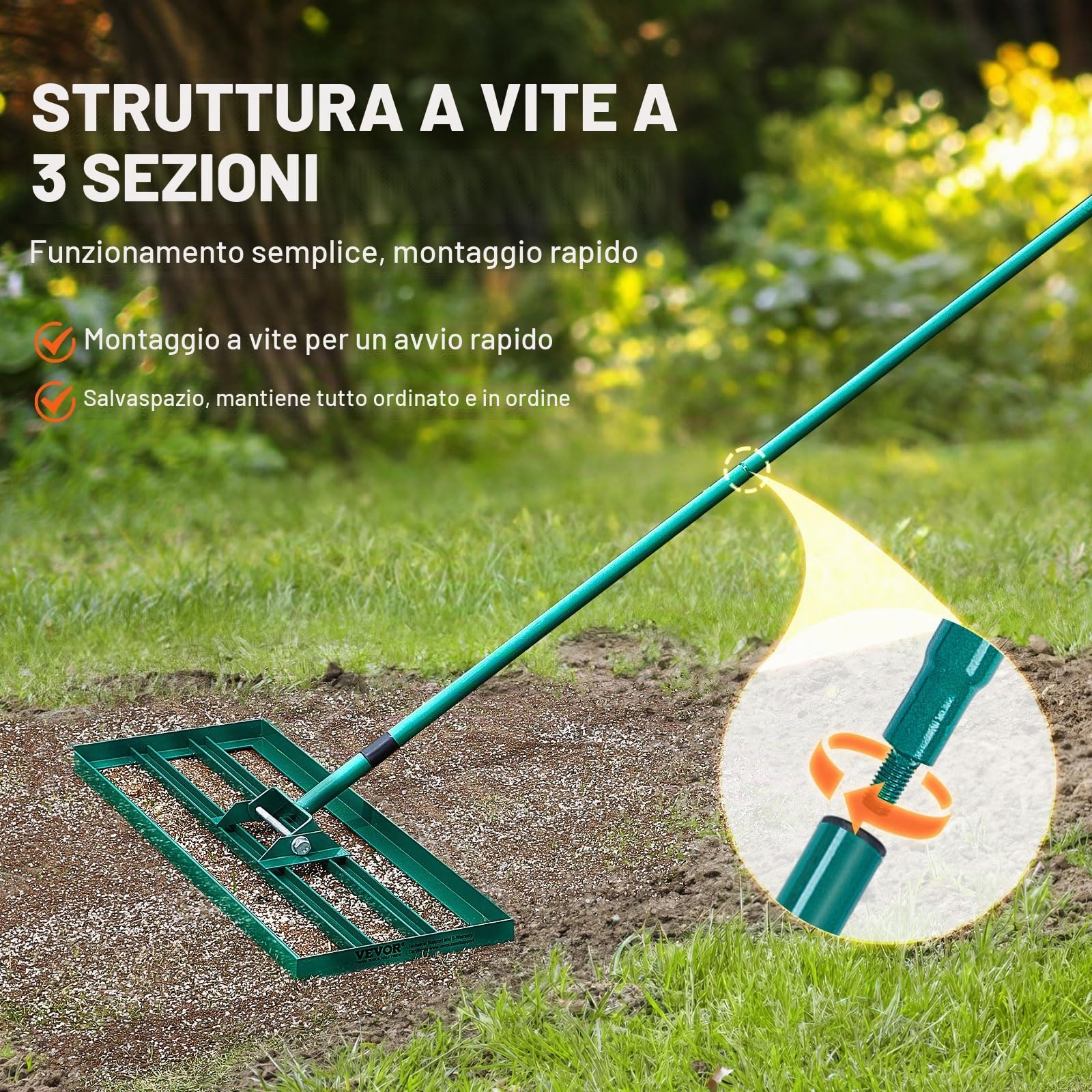 VEVOR Rastrello Livellatore per Prato 914x254 mm Livellatore Manico in Acciaio Piastra di Base da 1981 mm, Rastrello Livellatore per Prato in Lega di Alluminio per Prato Giardino Campo da Golf Erba
