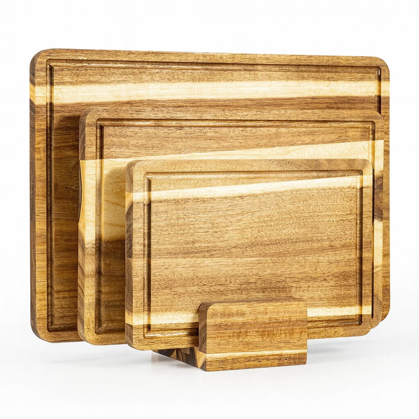 YORKING 3-Piece Acacia Chopping Board Set with Stand, Cutting Boards in 3 Sizes, Kitchen Cutting Board Set for Fruit, Vegetables, Meat, Bread, (40cm X 29cm, 33cm X 24cm, 26cm X 18cm)