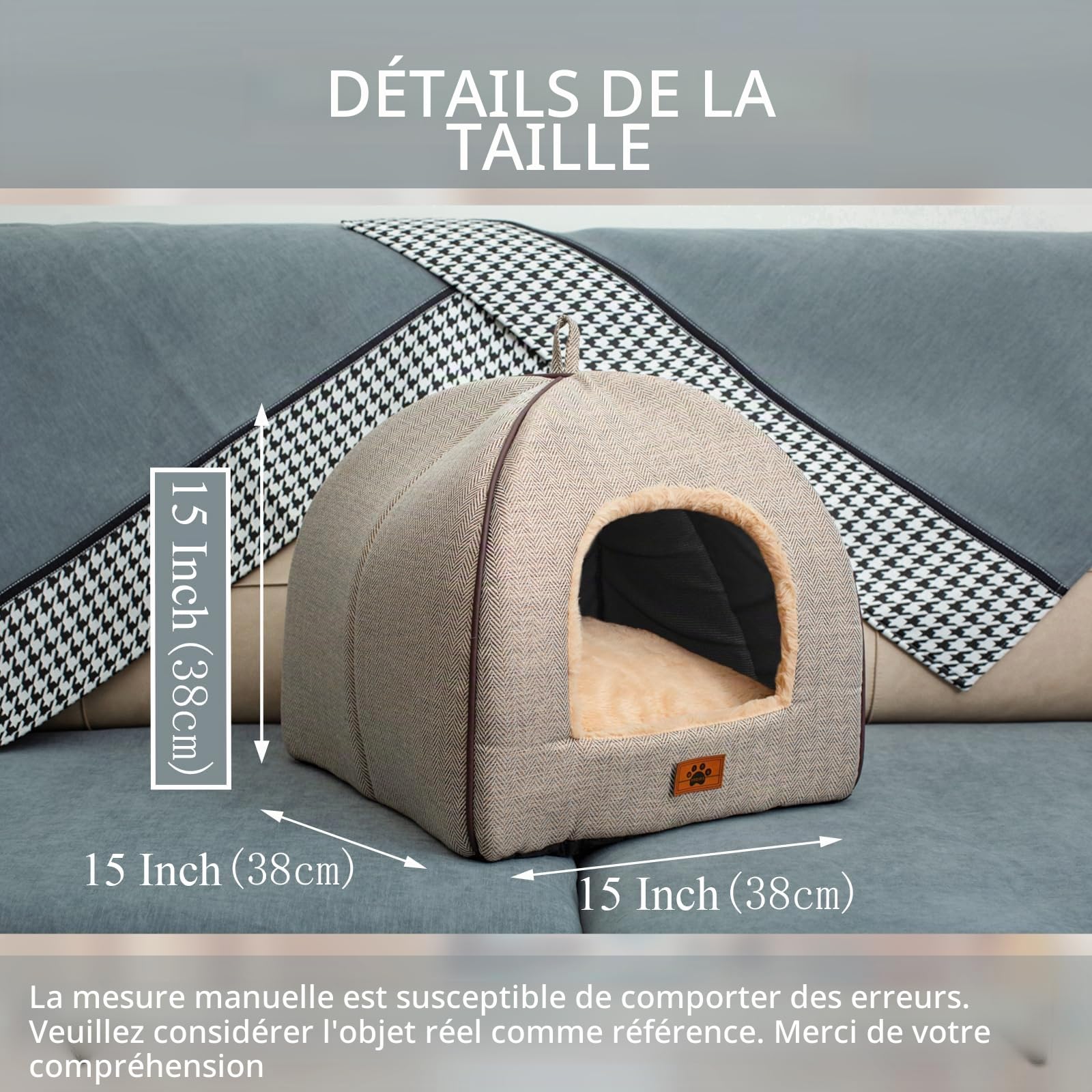 Lit niche pour chat d’intérieur avec coussin amovible lavable rembourré, lit doux et auto-chauffant pour chat