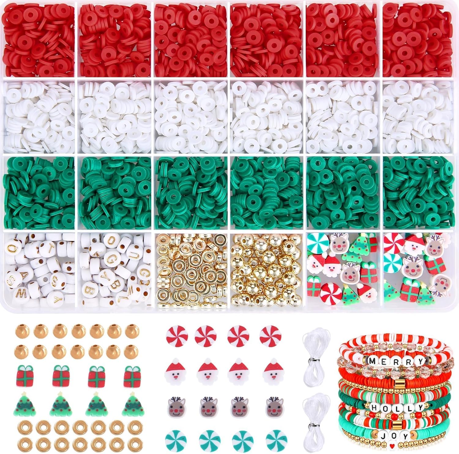 Christmas Clay Beads Set, Xmas Colors Heishi Polymer Clay Beads Flat Round Bead with Charms for DIY BFF Bracelet New Year's Decorations Crafts Supplies