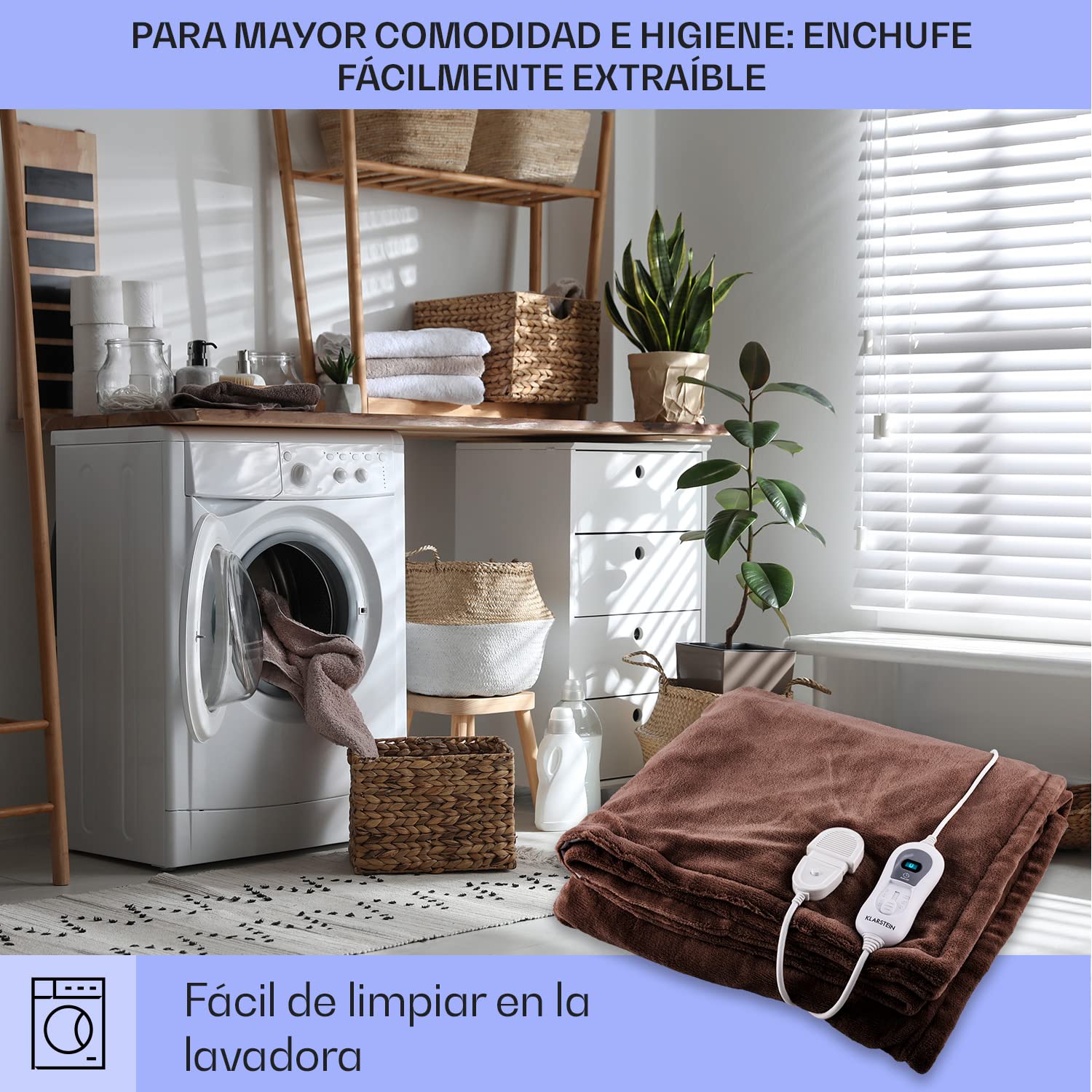 Klarstein Dr. Watson XL - Manta eléctrica, Frazada eléctrica, Calentador de Cama, 180 x 130 cm, Potencia 120 W, 3 Temperaturas Regulables, Temporizador, Marrón XL