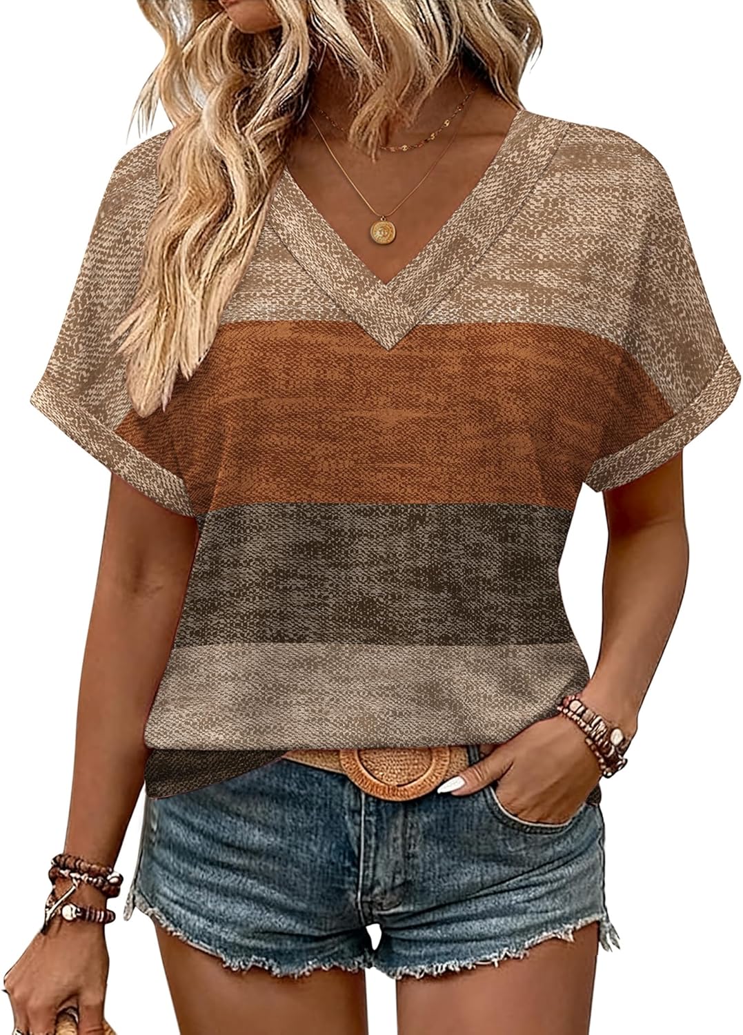 Zeagoo Womens Summer Tops Rolled Short Sleeve V Neck Shirts Casual Dressy Business Work Blouses Outfits - Image 2