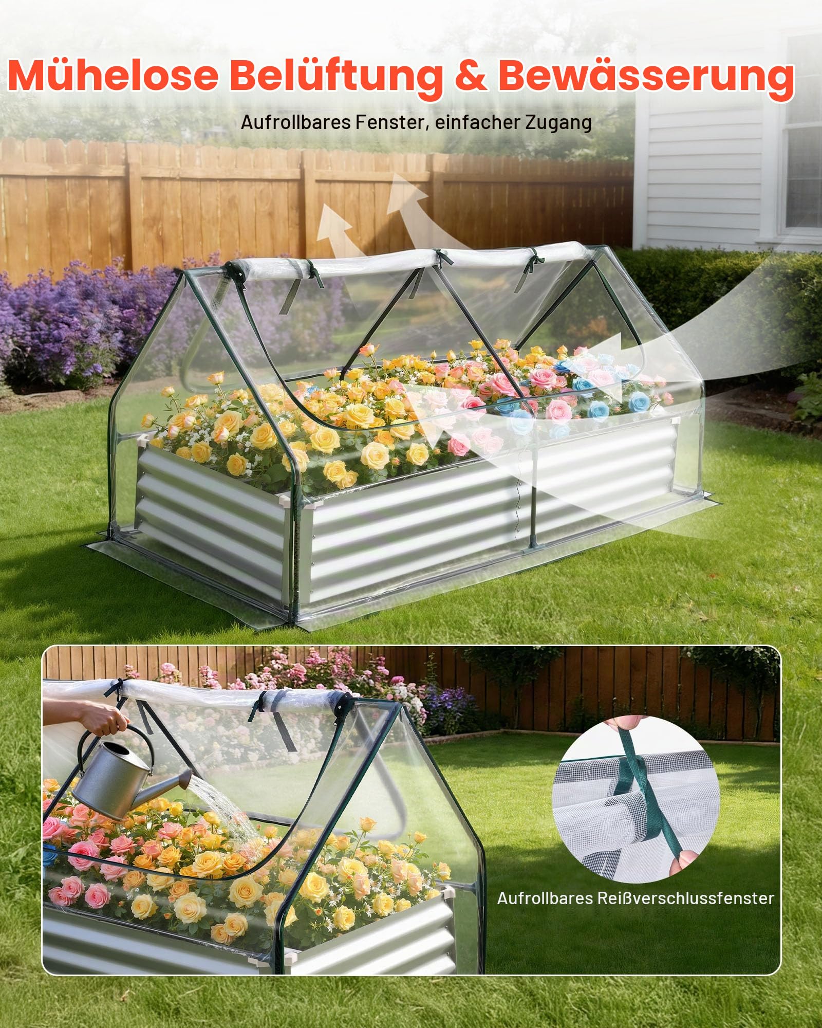 VEVOR Hochbeet Metall 180x90x30 cm, Rechteckiges Gartenbeet, Pflanzkasten-Set für den Außenbereich, Gemüsebeet mit Gewächshausabdeckung & Handschuhen, Blumenbeet, Pflanzbeet für Blumen & Gemüse