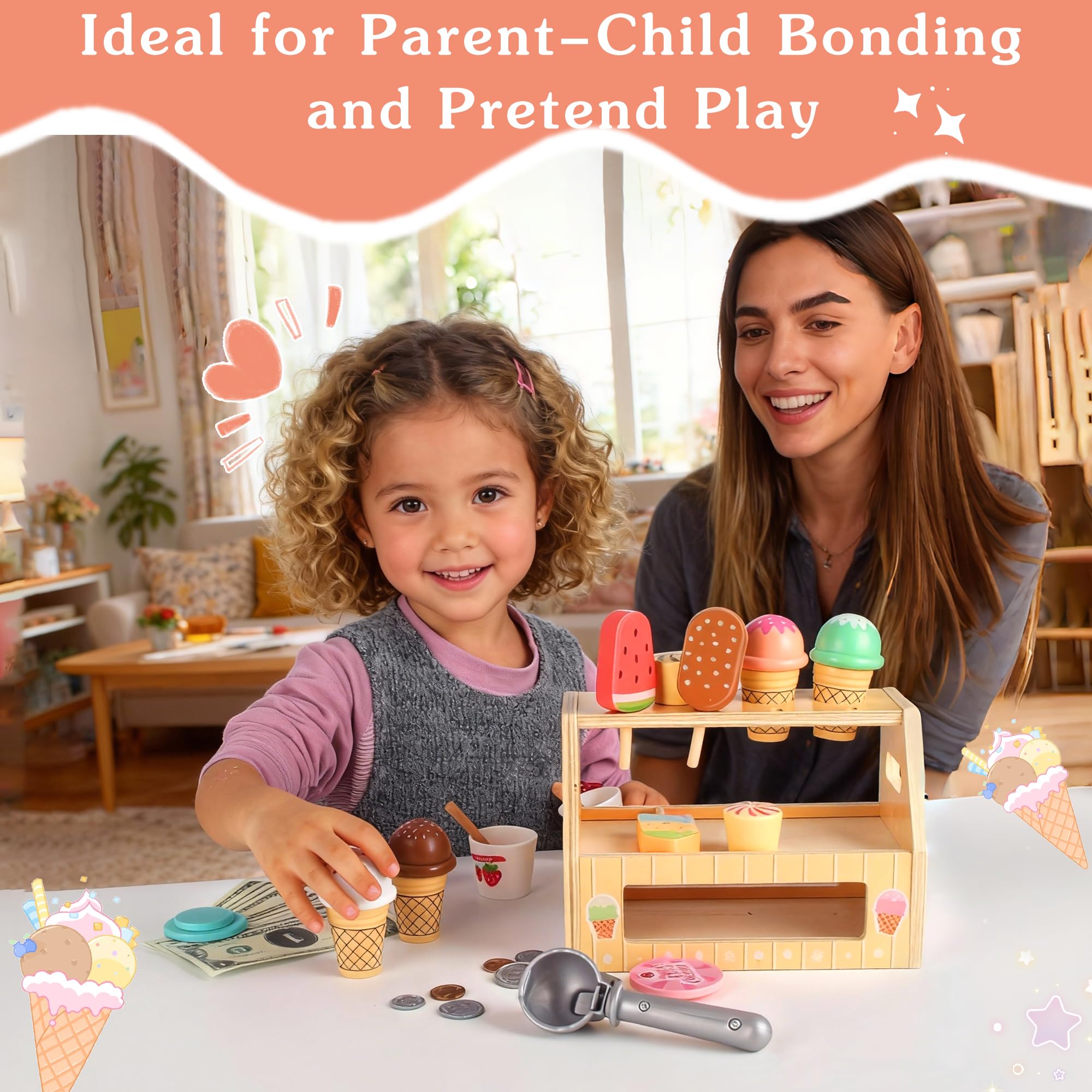 Carretto Gelati Giocattolo in legno per bambini,set gelateria 36 pezzi con espositore e monete, Carretto Gelati Giocattolo per gioco di ruolo educativo per bambini da 3 anni