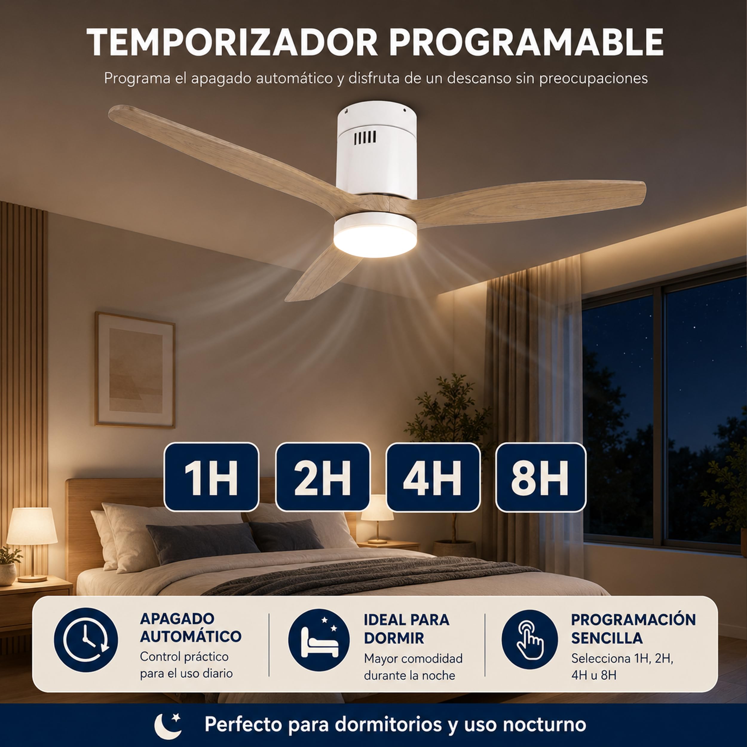 BESCH Ventilador de Techo con Luz LED y Mando a Distancia, 132 cm, 3 Aspas Efecto Madera, 6 Velocidades, 3 Temperaturas de Luz, Verano Invierno, Temporizador 1/2/4/8H, Blanco