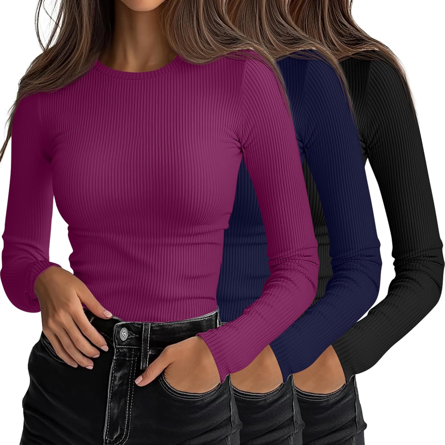 Ficerd 3 Pack Women's Ribbed Long Sleeve Tops, Crew Neck Slim Fit Undershirts Knit Basic Casual Stretch Layering Tee Shirts