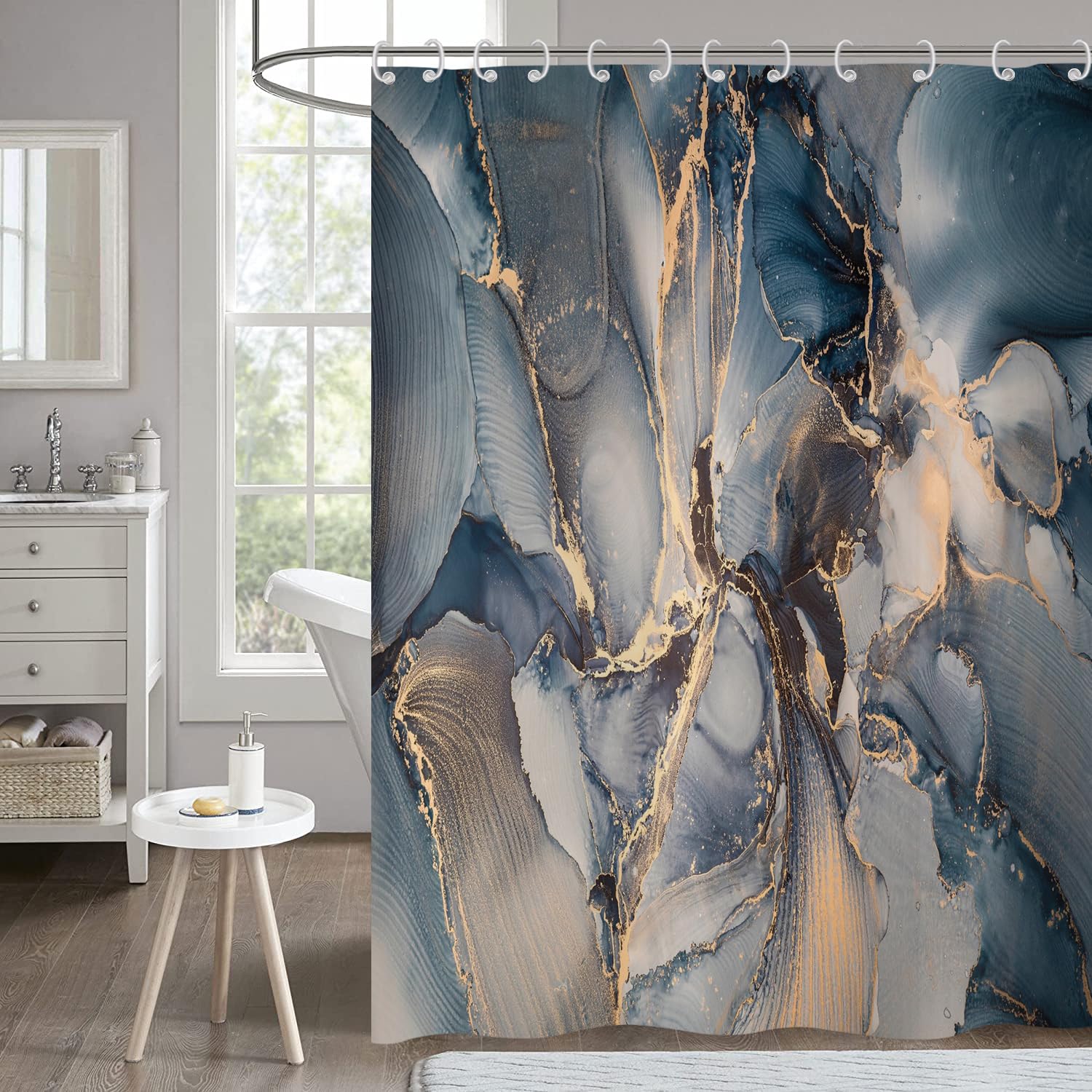 Hnmdmyi Marble Shower Curtain 180x220, Abstract Navy Blue Grey Gold Glitter Bathroom Curtains Modern Luxury Ombre Crystal Texture Ink Art Waterproof Polyester Fabric Washable Bath Curtain with Hooks