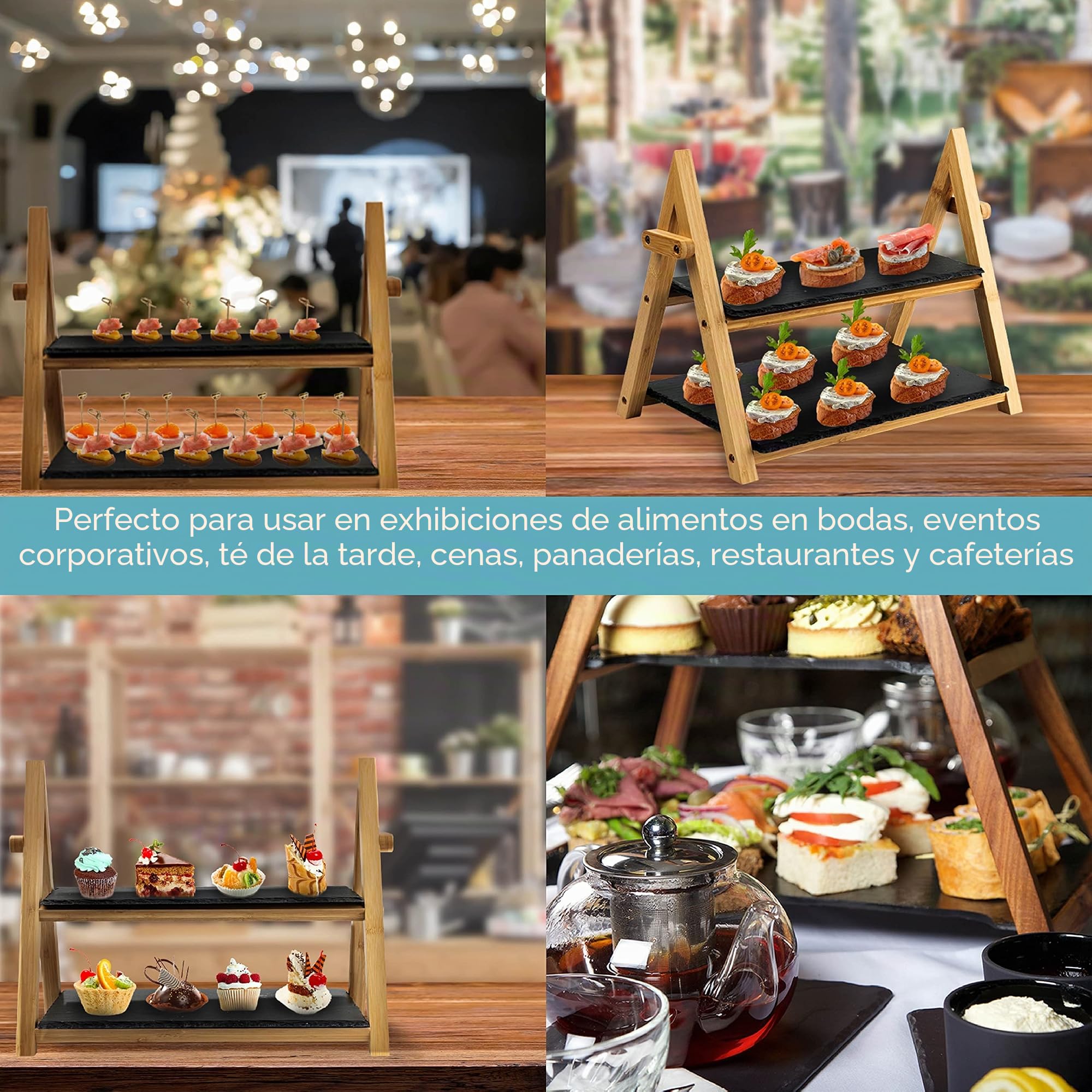 HEFTMAN Soporte Bandeja Pasteles Pizarra de 2 Niveles - Bandeja Pisos Rústica Plegable - Negra/Madera Tablas para Picoteo para Sushi, Postre, Pasteles, Queso, Tapas, Carnes, Antipasti (32 cm x 41 cm)
