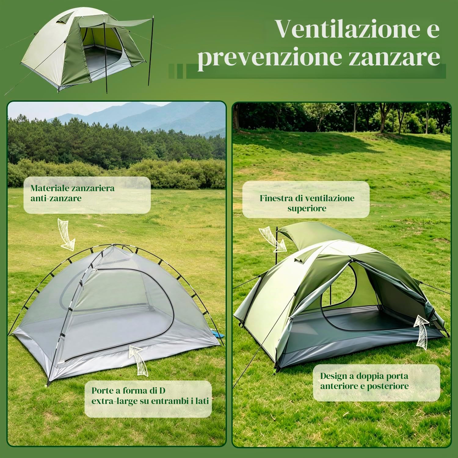 Tenda Campeggio per 1-2 Persone, Due Porte Tende Trekking Ultraleggera, Impermeabile Antivento Tenda a Cupola, Facile da Installare, Ideale per Campeggio, Escursioni, Attività All'Aperto