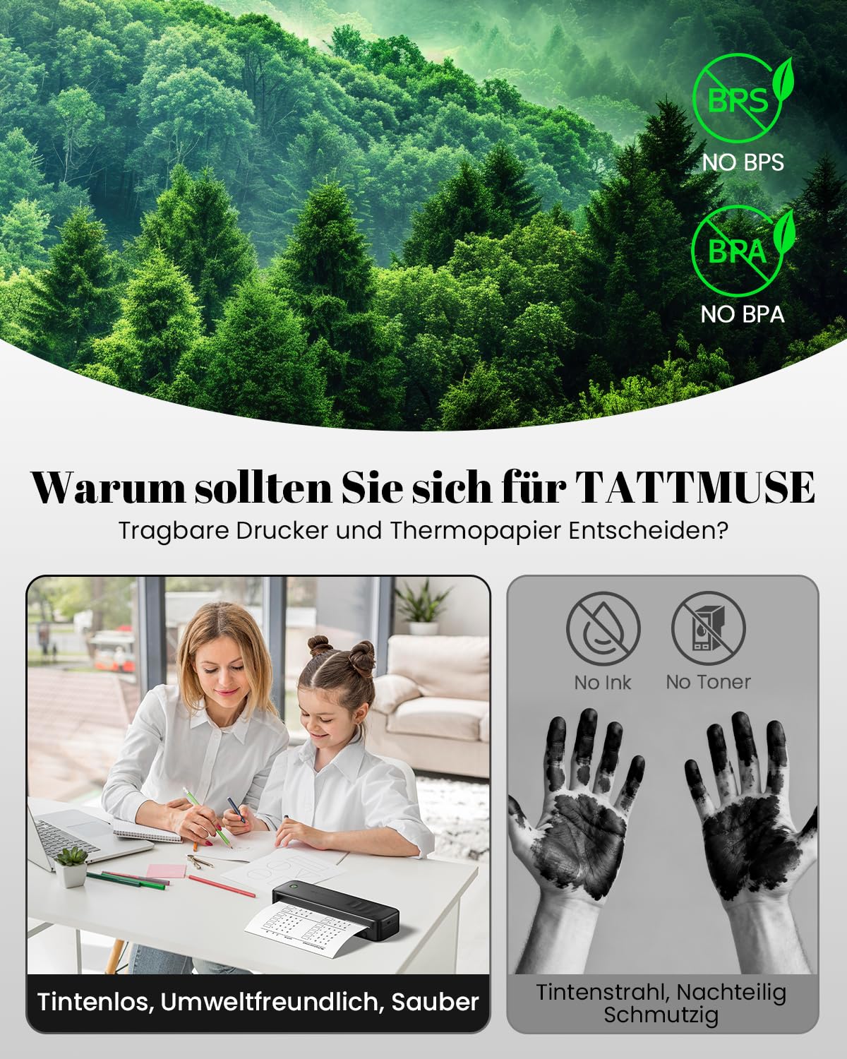 TATTMUSE Thermodrucker A4, Mobiler Drucker A4 für Unterwegs, Bluetooth Tragbarer Drucker für Fahrzeuge, Büro, Zuhause, Schule, Kompatibel mit iOS, Android, Laptop