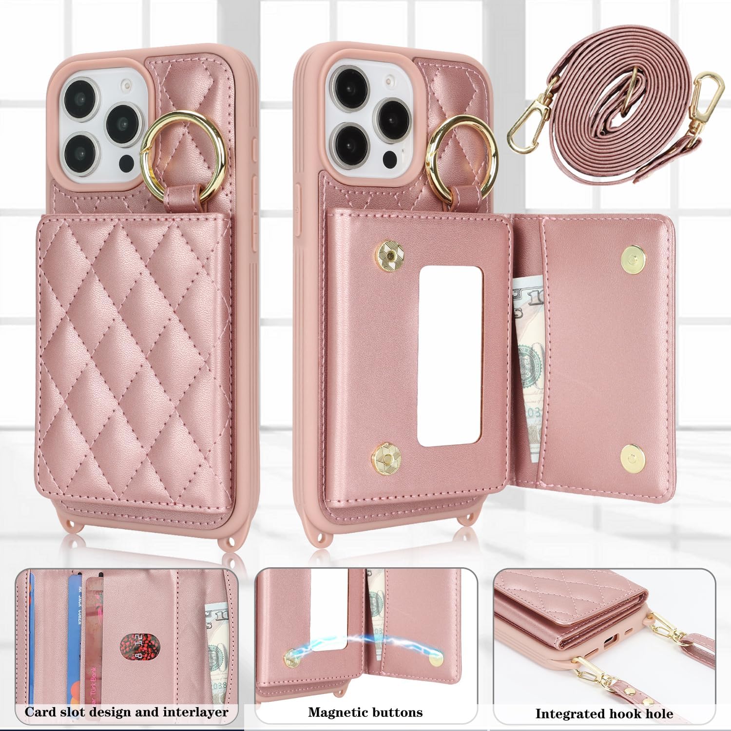 for iPhone 15 Pro Max Case with Card Holder and Strap for Women,Crossbody Lanyard, Make Up Mirror,Ring Stand,Snap Clasp,Cute Phone Wallet Cases 6.7 inch - Dark Rose Gold - Image 2