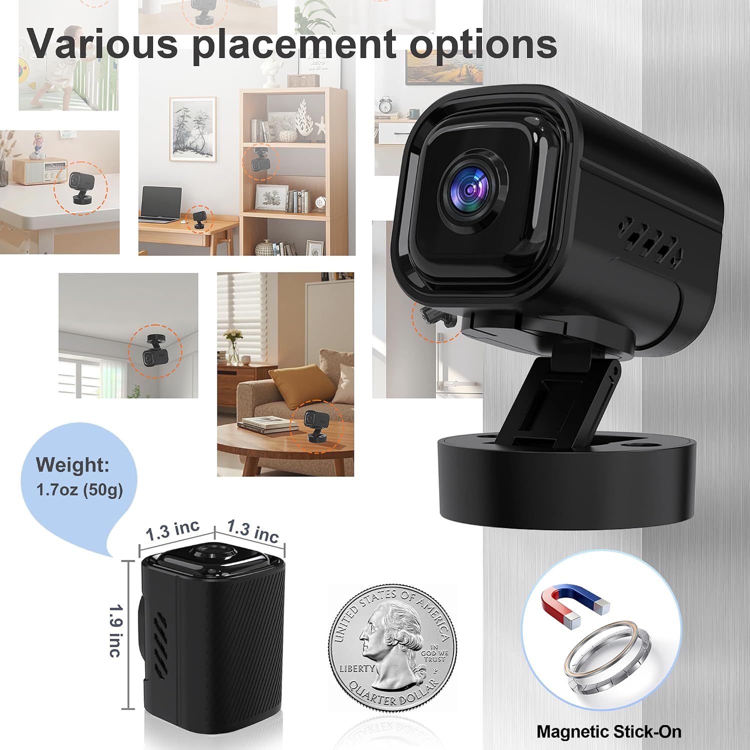 Mini Security Camera, 2K Wireless Indoor Camera with 30-Day Long Battery Life, Discreet Nanny Cam for Home Security, AI Humanoid Detection & Enhanced Night Vision, 2.4G WiFi Pet Monitor(Black)