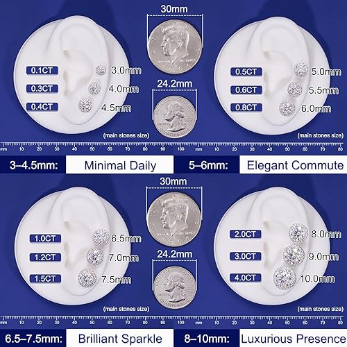 Miniatura 2 de Aretes de halo de moissanita con cierre de tuerca de 0.2-8.0 quilates, 0.118-0.394 in, chapado en oro blanco de 18 quilates, plata de ley 925, de