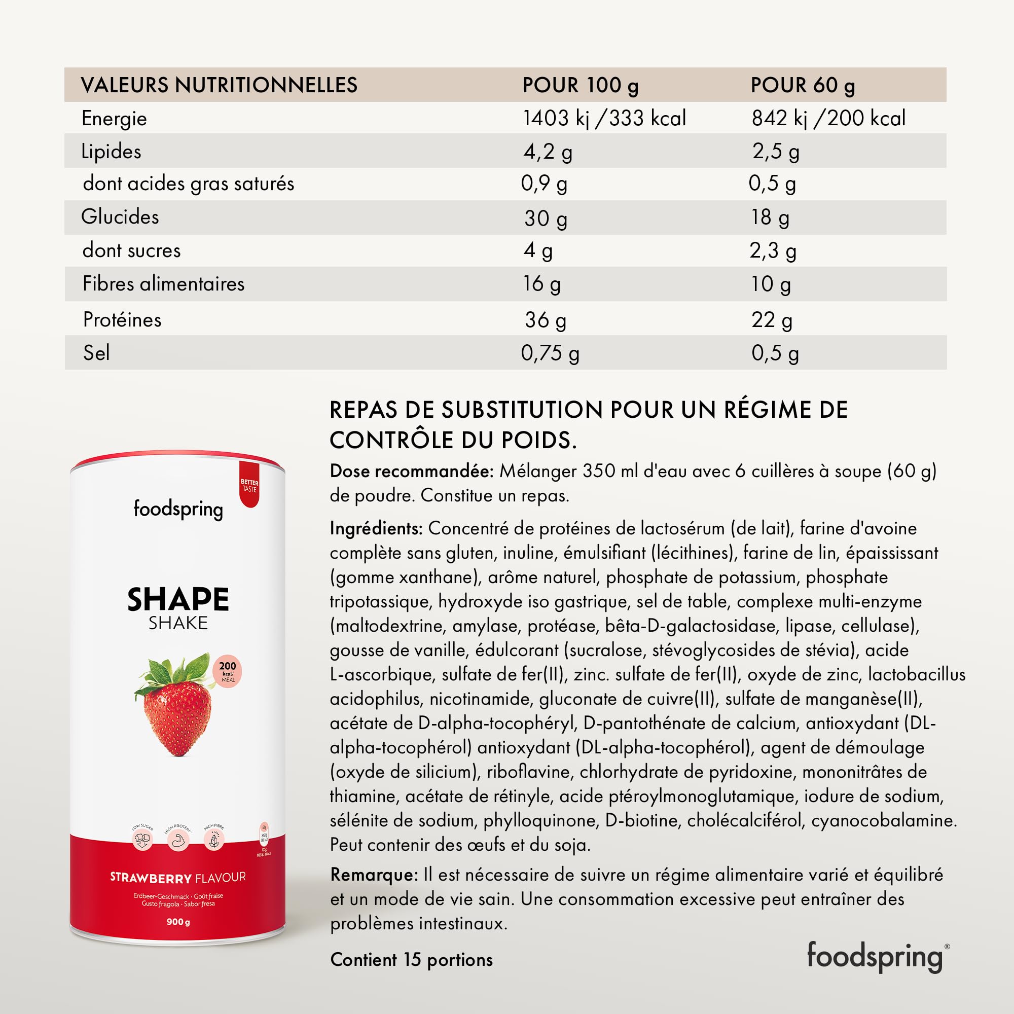 foodspring Shape Shake Fraise - Substitut de repas complet pour le contrôle du poids avec des protéines de qualité supérieure, 202 kcal par portion, sans gluten - nouvelle recette (900g)