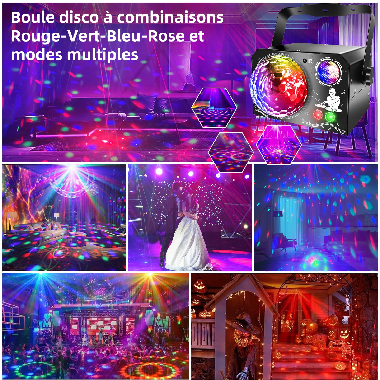 Lampe de Scène 4 en 1, Fwiull Lumière Disco avec Télécommande et Stroboscope, 65 Effets Lumineux RGB UV, USB Lumineux Boule Disco Musique Commande Vocale, Idéal Lumiere pour Soirée, Fête, Karaoké,Noël
