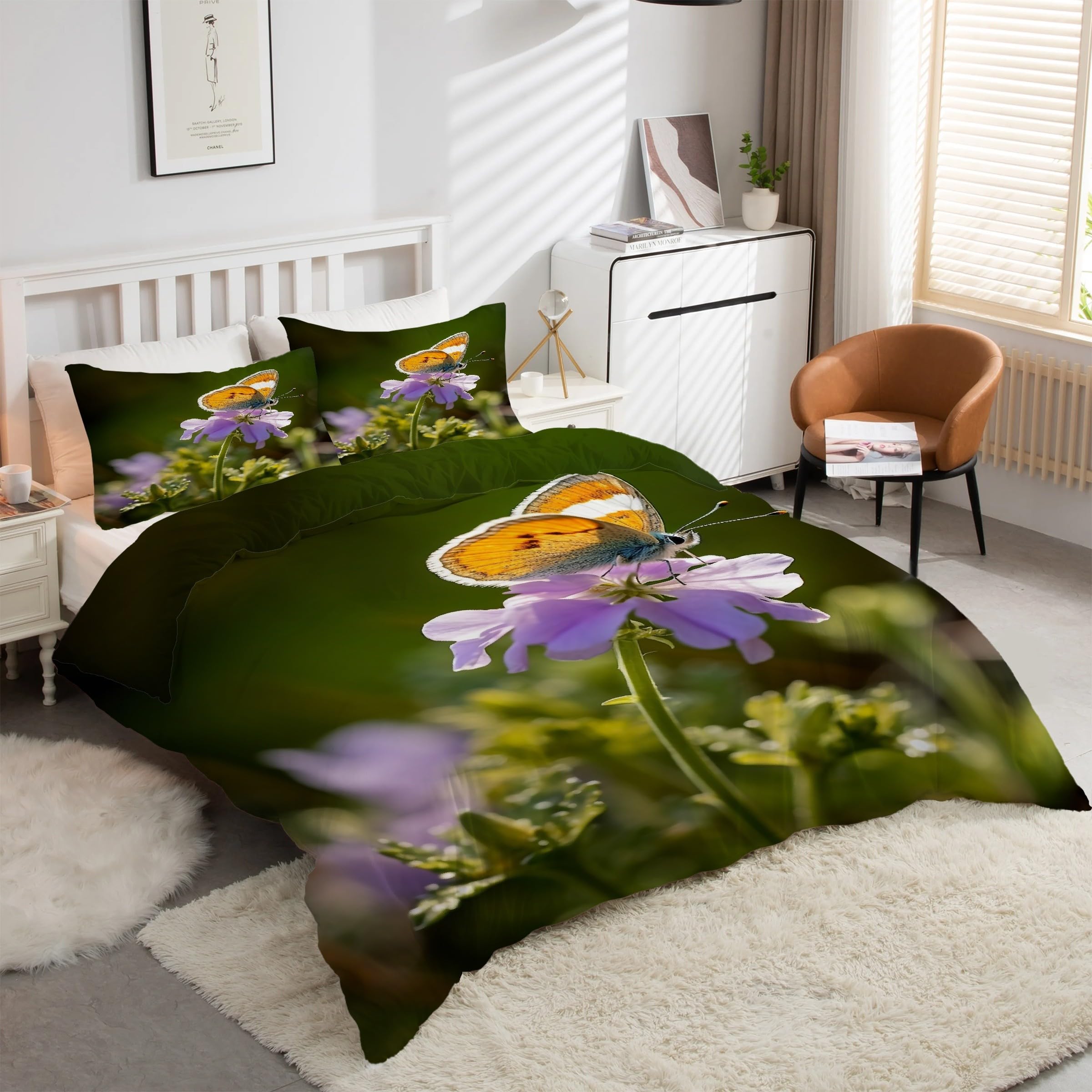 Housse de Couette 160x200 Fleurs Papillon avec 2 Taies d'Oreiller