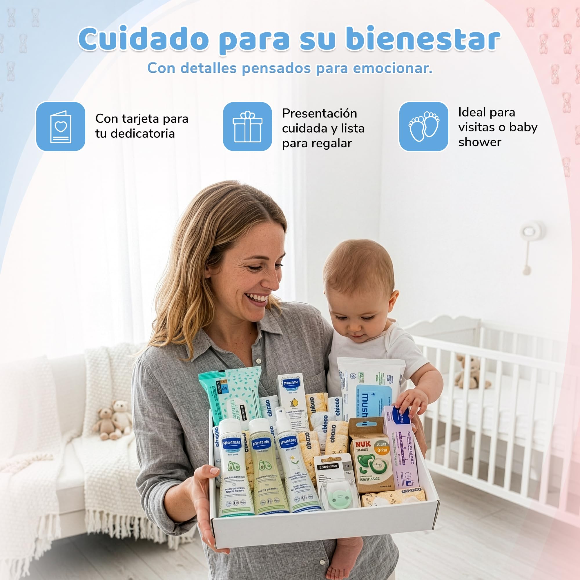 Cesto regalo per neonato, set regalo unisex per maschietti e femminucce, kit igienico completo con gel, shampoo, acqua di colonia, salviettine, pannolini, ciucci e clip, kit per neonato baby shower