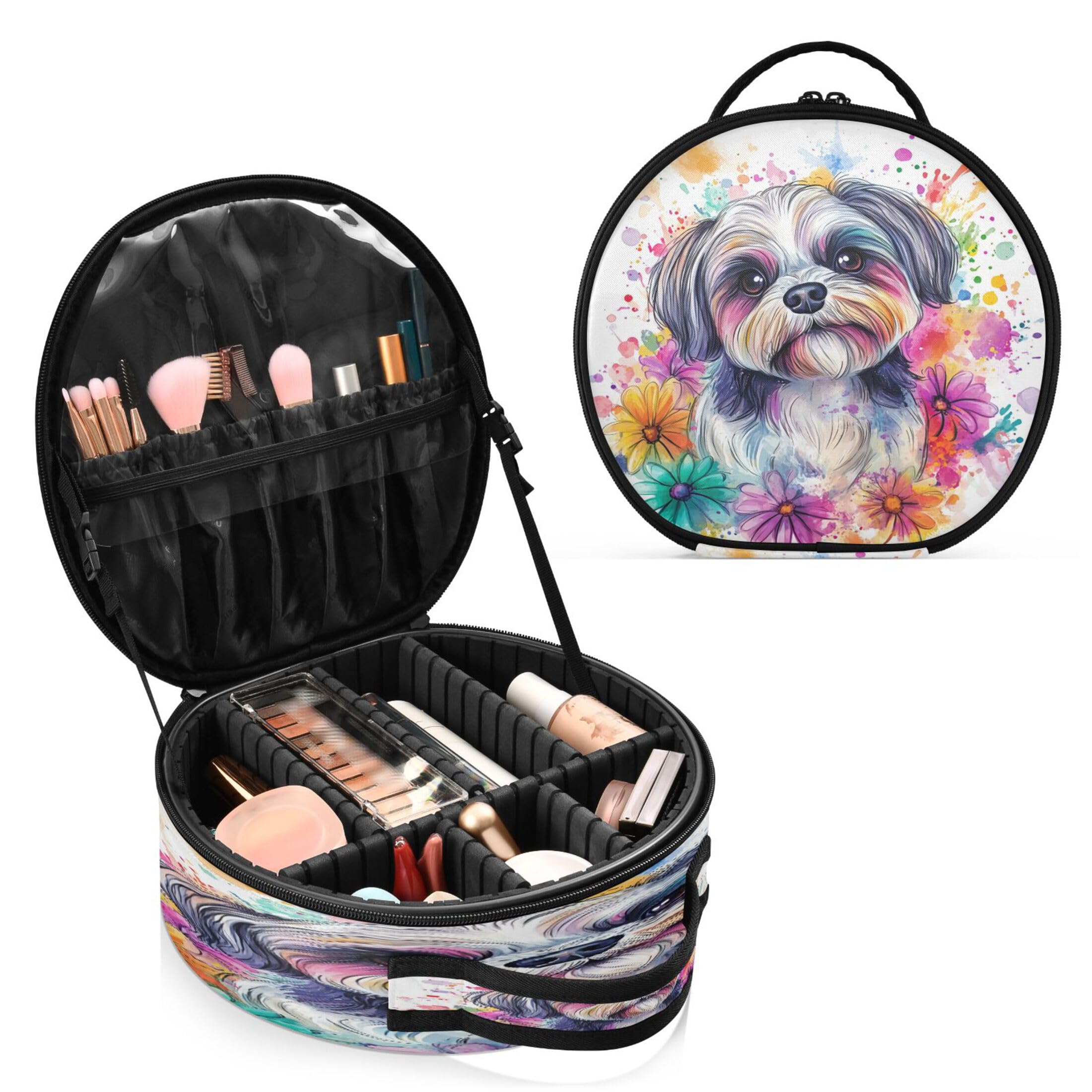 Takiito Cute Colorful Dog Travel Makeup Case Portable Makeup Box Artist Cosmetic Case Organizer With Adjustable Dividers